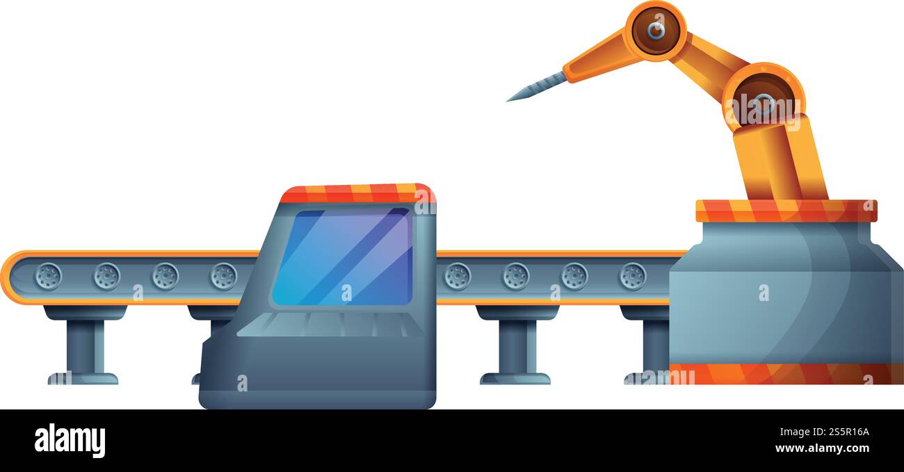 Symbol für die Montagelinie des Fahrzeugs. Cartoon des Auto-Montagelinie-Vektorsymbols für Webdesign isoliert auf weißem Hintergrund. Symbol für die Fahrzeuglinien, Cartoon-Stil Stock Vektor