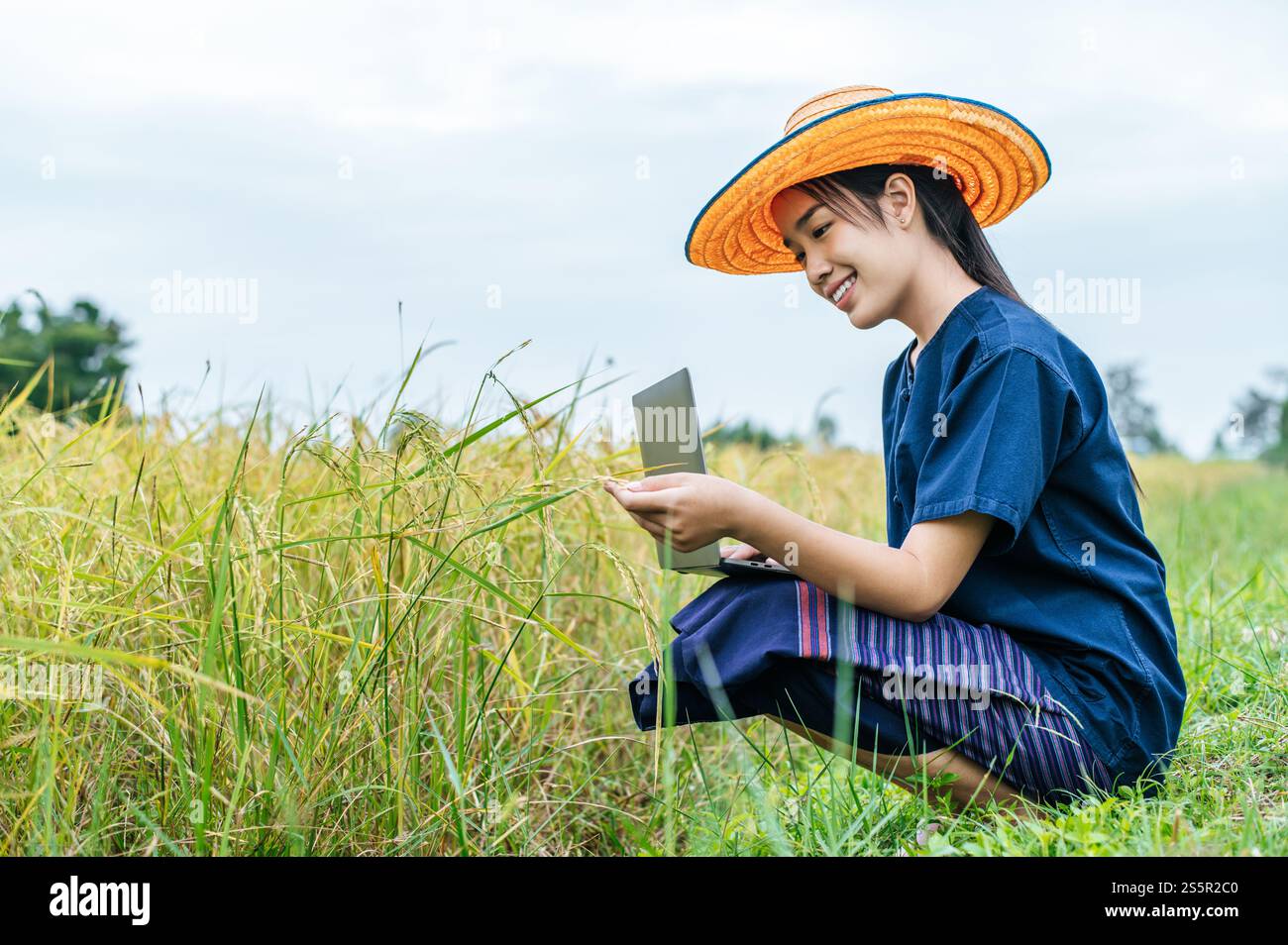 Porträt einer asiatischen jungen Landwirtin mit Smart Farming Landwirtschaftstechnologie und ökologischer Landwirtschaft, mit Laptop-Computer für Reisforschung Stockfoto