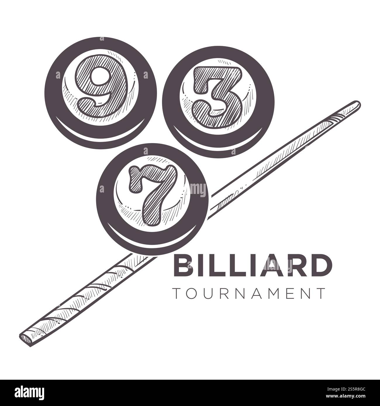 Pool-Raum-Logo monochrome Skizze Umrissvektor. Sportspiel, Turnier und Unterhaltung. Königliche Art des Glücksspiels, Billardspiele mit Bällen und Queues, Hobby und Freizeit für Herren. Billardlogo monochrome Skizze Umrissvektor Illustration. Stock Vektor