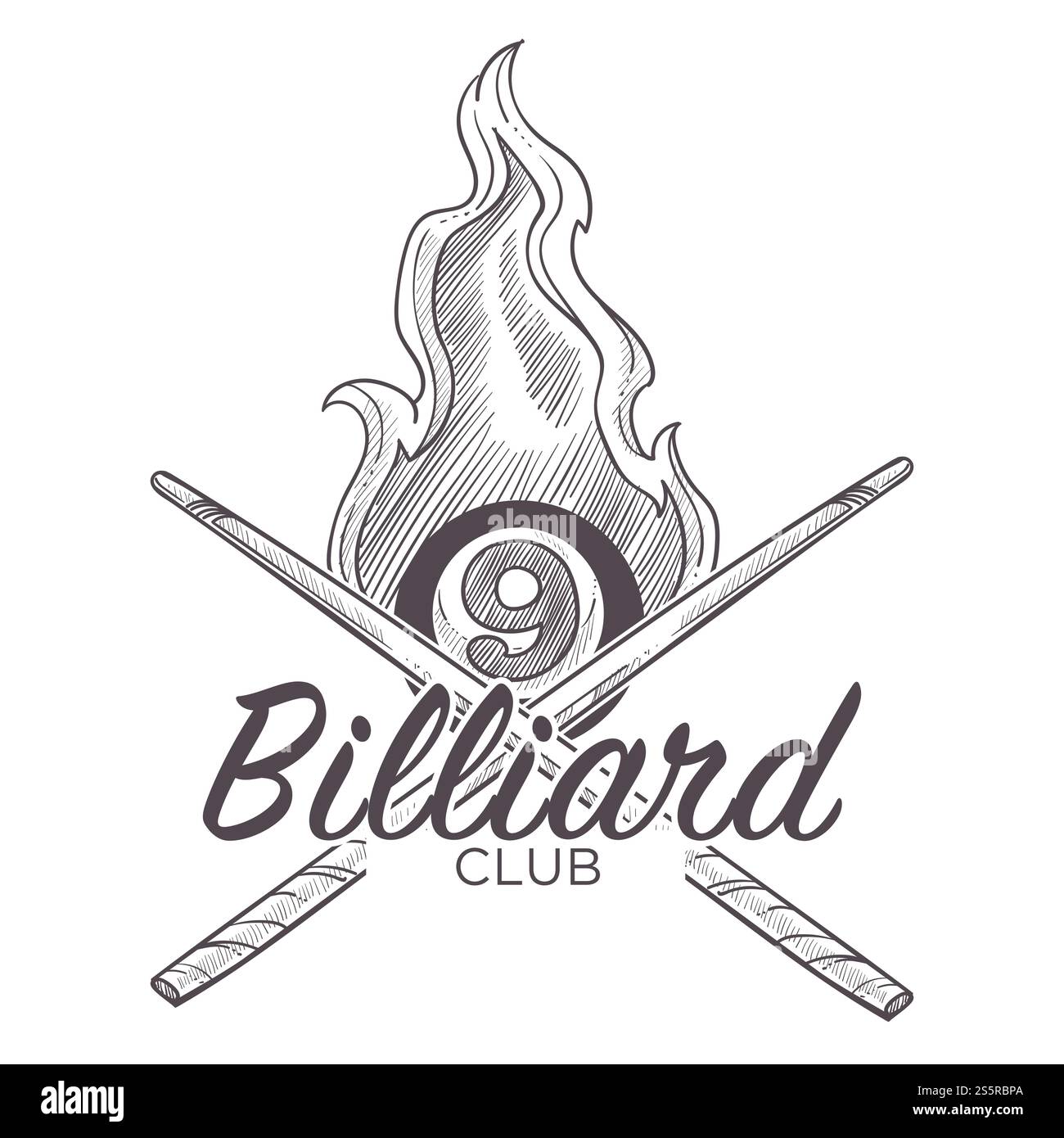 Billard-Logo im Billard-Billard-Design in monochromer Form. Sportspiel, Turnier und Unterhaltung. Königliche Art des Glücksspiels, Spiel mit Bälle und Queue, Hobby und Freizeit für Herren. Billardlogo monochrome Skizze Umrissvektor Illustration. Stock Vektor