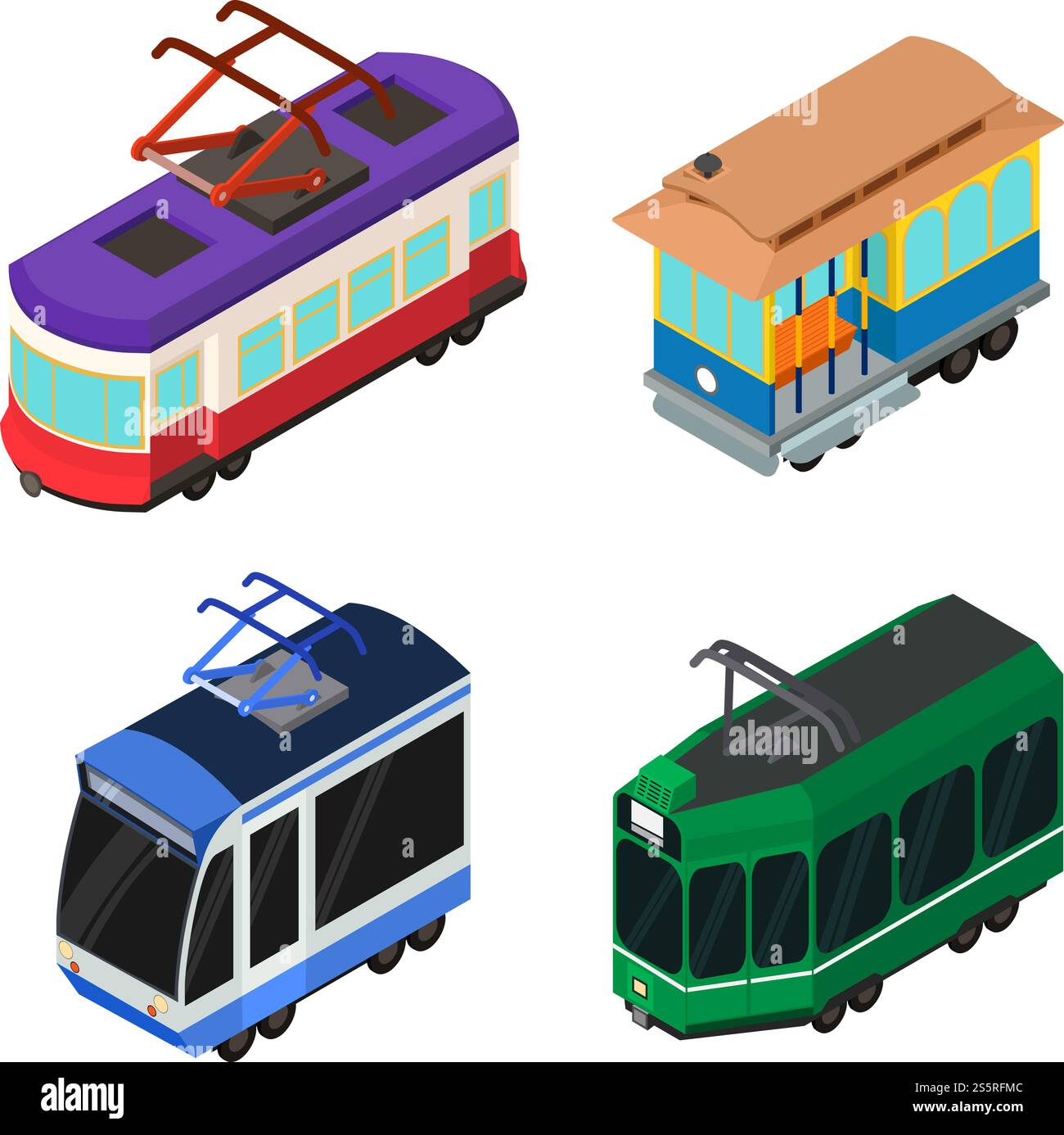Symbole für Straßenbahnwagen gesetzt. Isometrischer Satz von Straßenbahnwagen-Vektorsymbolen für Webdesign isoliert auf weißem Hintergrund. Straßenbahnwagen-Symbole gesetzt, isometrischer Stil Stock Vektor