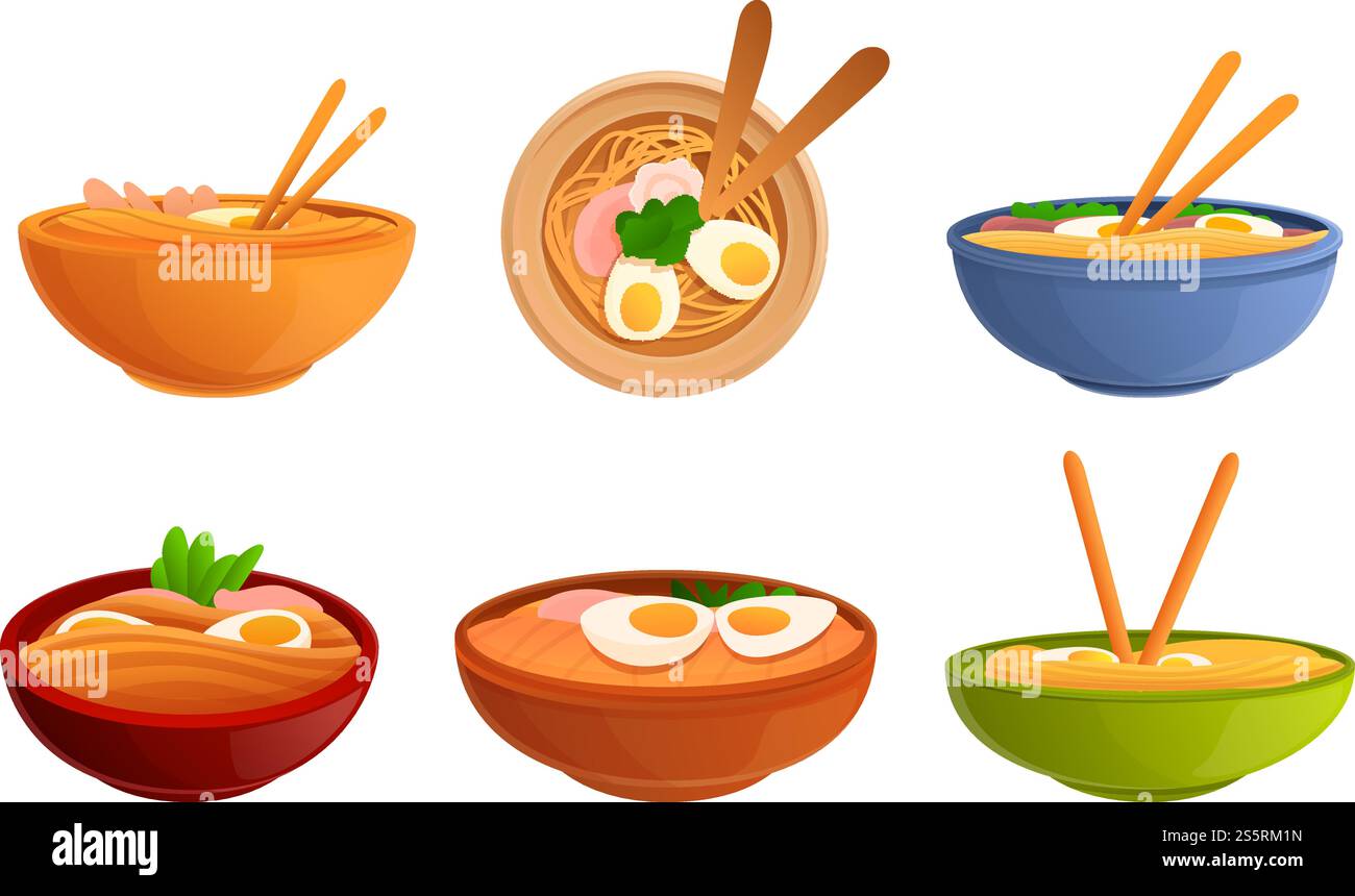 Ramen-Symbole eingestellt. Zeichentricksatz von Ramen-Vektorsymbolen für Webdesign. Ramen-Symbole Set, Cartoon-Stil Stock Vektor