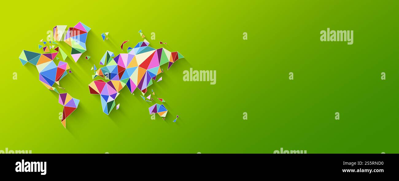 Weltkartenform aus bunten Polygonen. 3D-Illustration isoliert auf grünem Hintergrund. Horizontales Banner. Weltkartenform aus bunten Farben Stockfoto