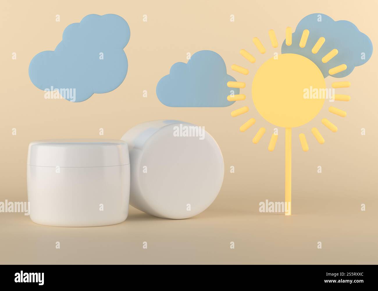 Ein weißes cremefarbenes Glas auf einem orangefarbenen Hintergrund mit Sonne und Wolken. Stockfoto