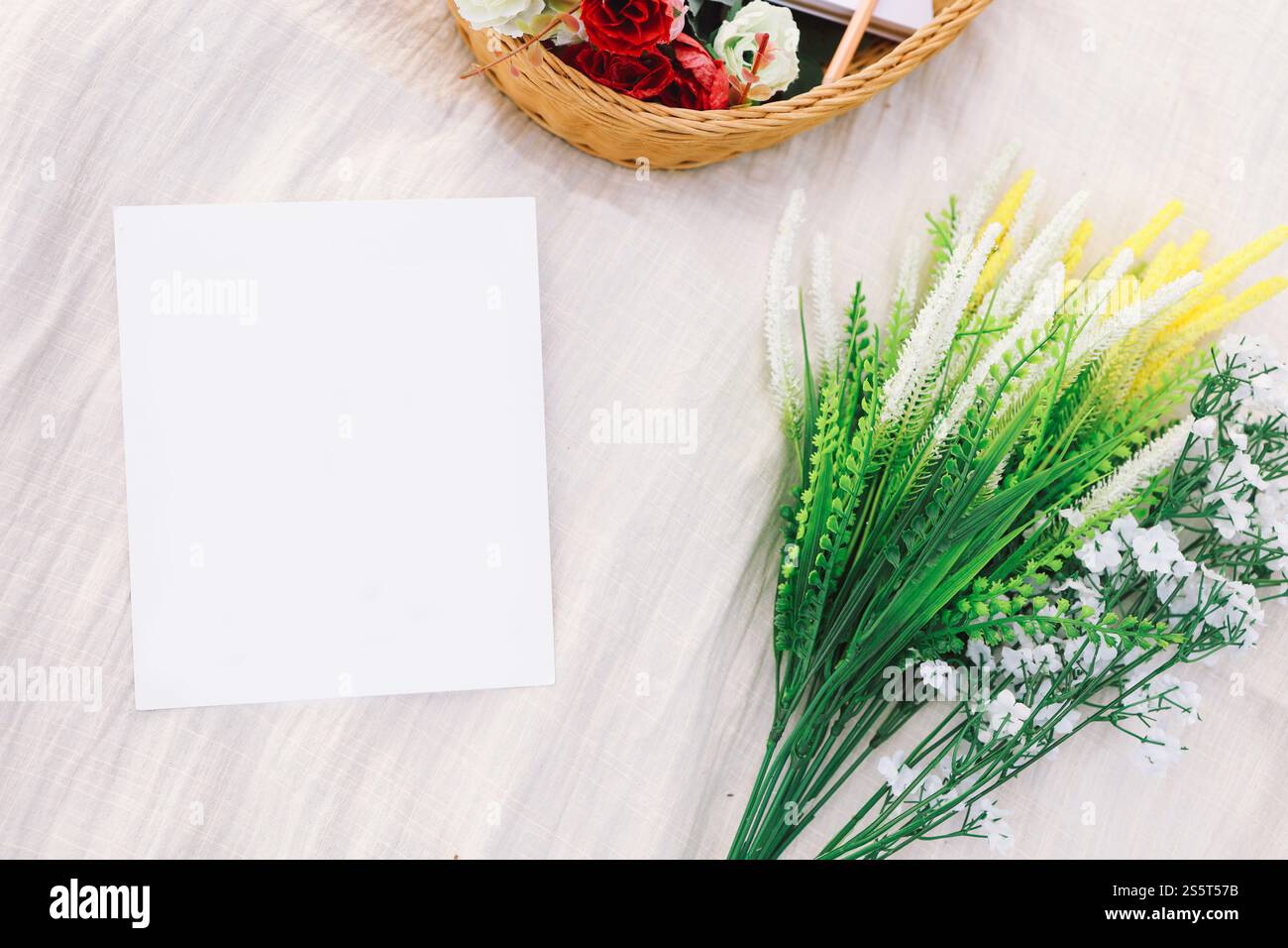 Leerer Picknickplatz auf Wiese mit Kopierraum Modellraum für Text Stockfoto