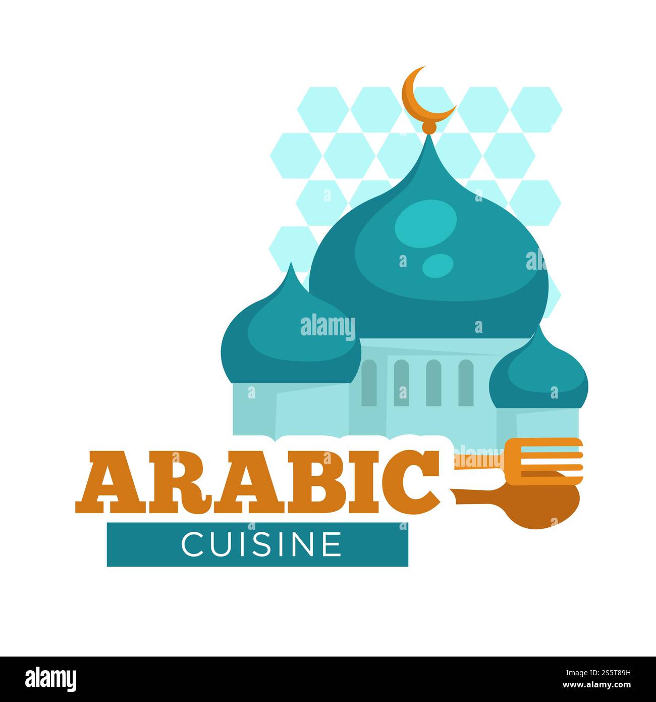 Arabische Küche traditionelle Mahlzeiten, Löffel und Gabel Holzbesteck Vektor. Moschee mit Kuppeln und Mond, Traditionen asiatischer Länder. Diätmenü, leckere Gerichte, appetitliche Zutaten Logo. Arabische Küche, traditionelle Gerichte, Besteck mit Löffeln und Gabeln Stock Vektor