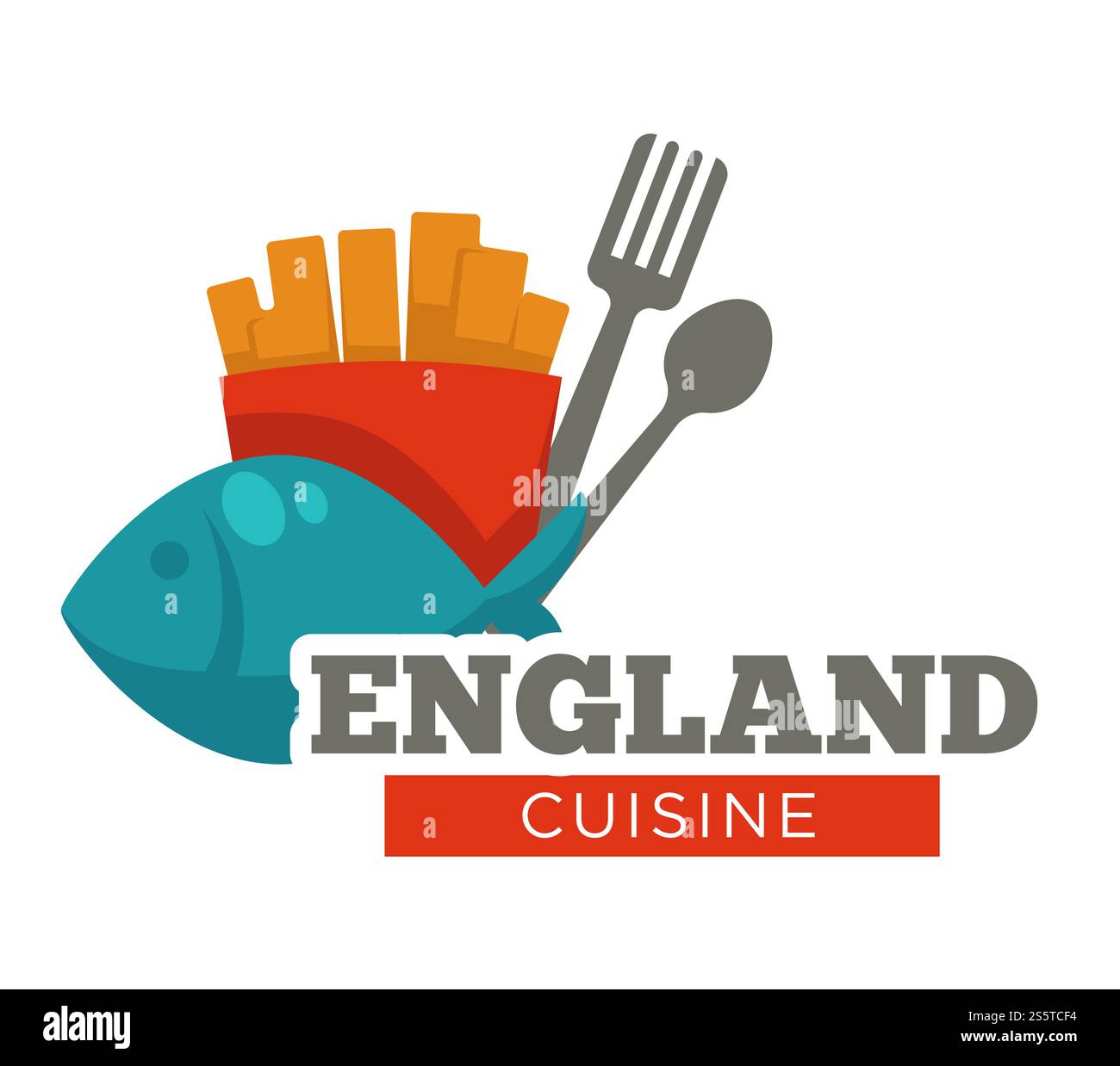 Englische Küche, traditioneller Fisch und Chips im Paketvektor. Mahlzeit mit gebratenen Kartoffeln, Löffel und Gabel zum Essen, serviertes Gericht und Besteck. Britisches Rezept, Mittag- und Abendessen von Menschen. Englische Küche, traditioneller Fisch und Pommes frites im Paket Stock Vektor