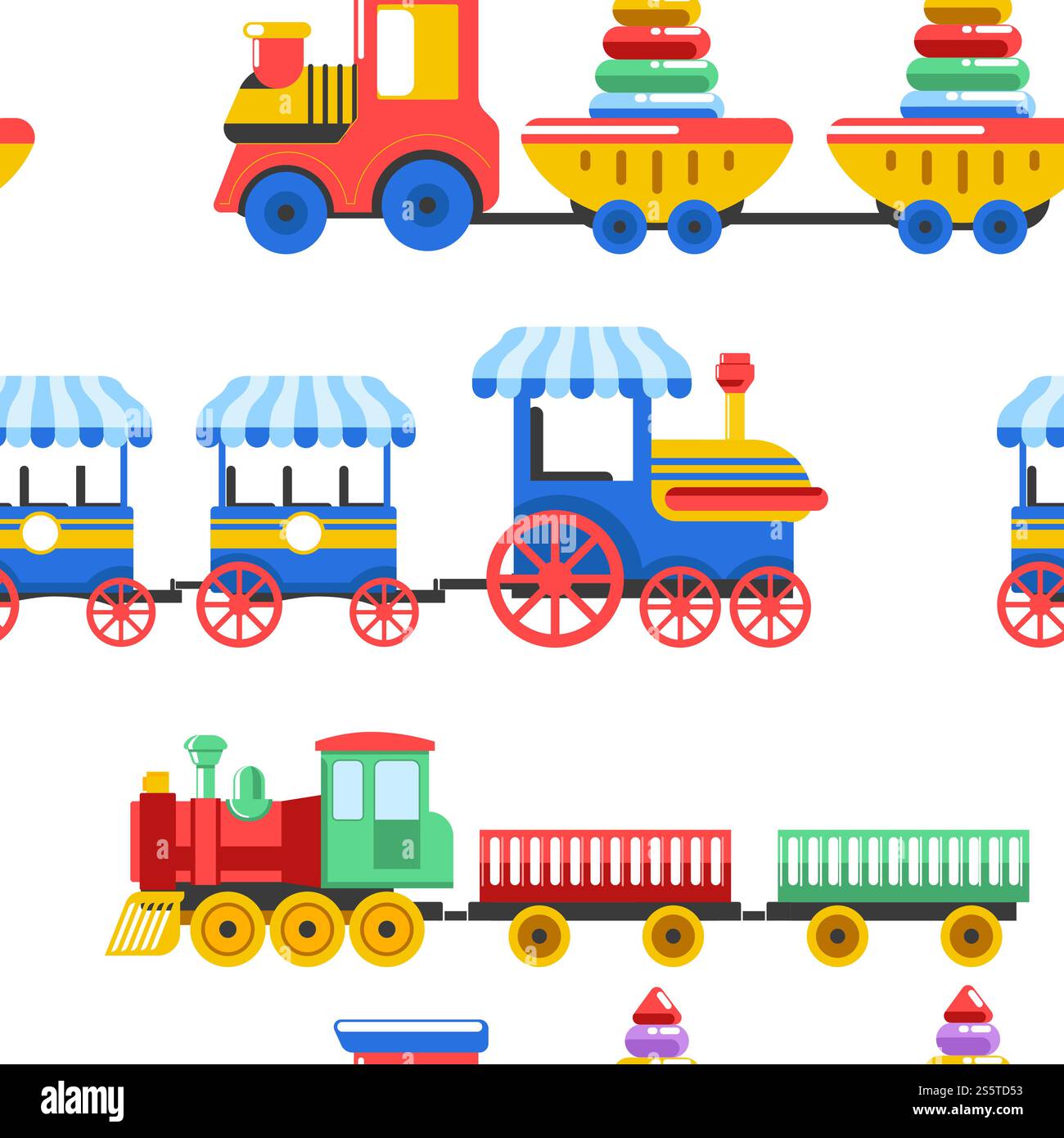 Spielzeugzüge mit Kinderspielzeug und Kinderspielsachen für Kindergartenjungen Kinder gestalten ein nahtloses Muster. Vektor isolierte flache Symbole Set von Zügen mit Kugel, Pyramiden Konstruktor und Buchstabenwürfel im Wagen. Spielzeugzüge mit Kinderspielzeug und Kinderspielsachen für Kindergartenjungen Kinder gestalten ein nahtloses Muster. Stock Vektor