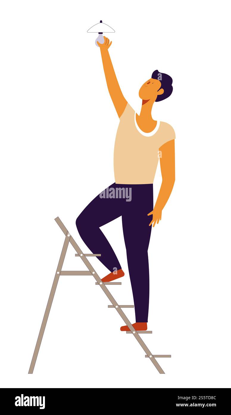Mann Reparatur und Behebung von Problemen zu Hause Handwerker stehend auf Leiter Vektor elektrische Anlage Beschädigung Befestigung Glühlampe Elektriker auf hohen Stufen Arbeiter Service im Haus professionelle Reparatur. Mann repariert und repariert Probleme zu Hause Handwerker auf Leiter Stock Vektor