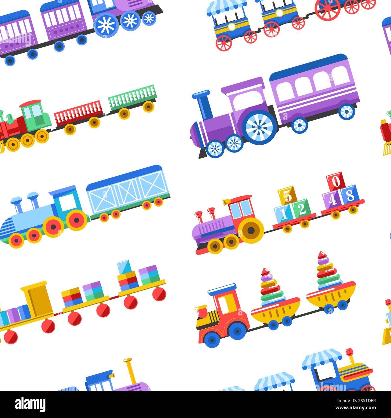 Spielzeugzüge mit Kinderspielzeug und Kinderspielsachen für Kindergartenjungen Kinder gestalten ein nahtloses Muster. Vektor isolierte flache Symbole Set von Zügen mit Kugel, Pyramiden Konstruktor und Buchstabenwürfel im Wagen. Spielzeugzüge mit Kinderspielzeug und Kinderspielsachen für Kindergartenjungen Kinder gestalten ein nahtloses Muster. Stock Vektor