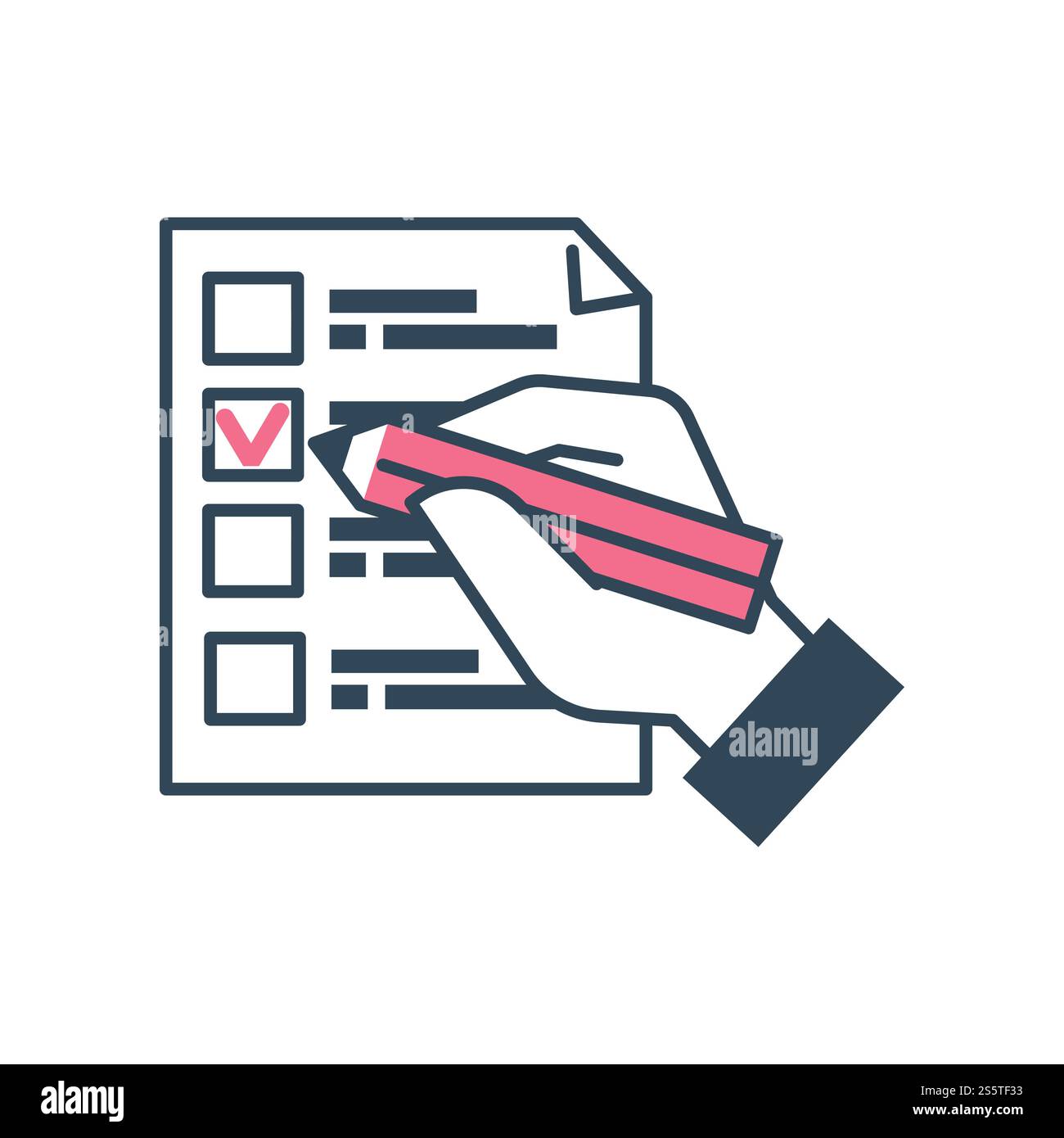 Die stimmberechtigte Person schreibt die Antwort auf den Vektor für die Bulletin-Wahl. Freiheit des Wahlrechts, Menschen, die den Stift benutzen, um die Stimme zu beantworten. Referendum mit Ideen und Gedanken der Bürger entscheiden die Menschen über den Präsidentschaftskandidaten. Die Wahlperson schreibt die Antwort auf die Bulletin-Wahl Stock Vektor