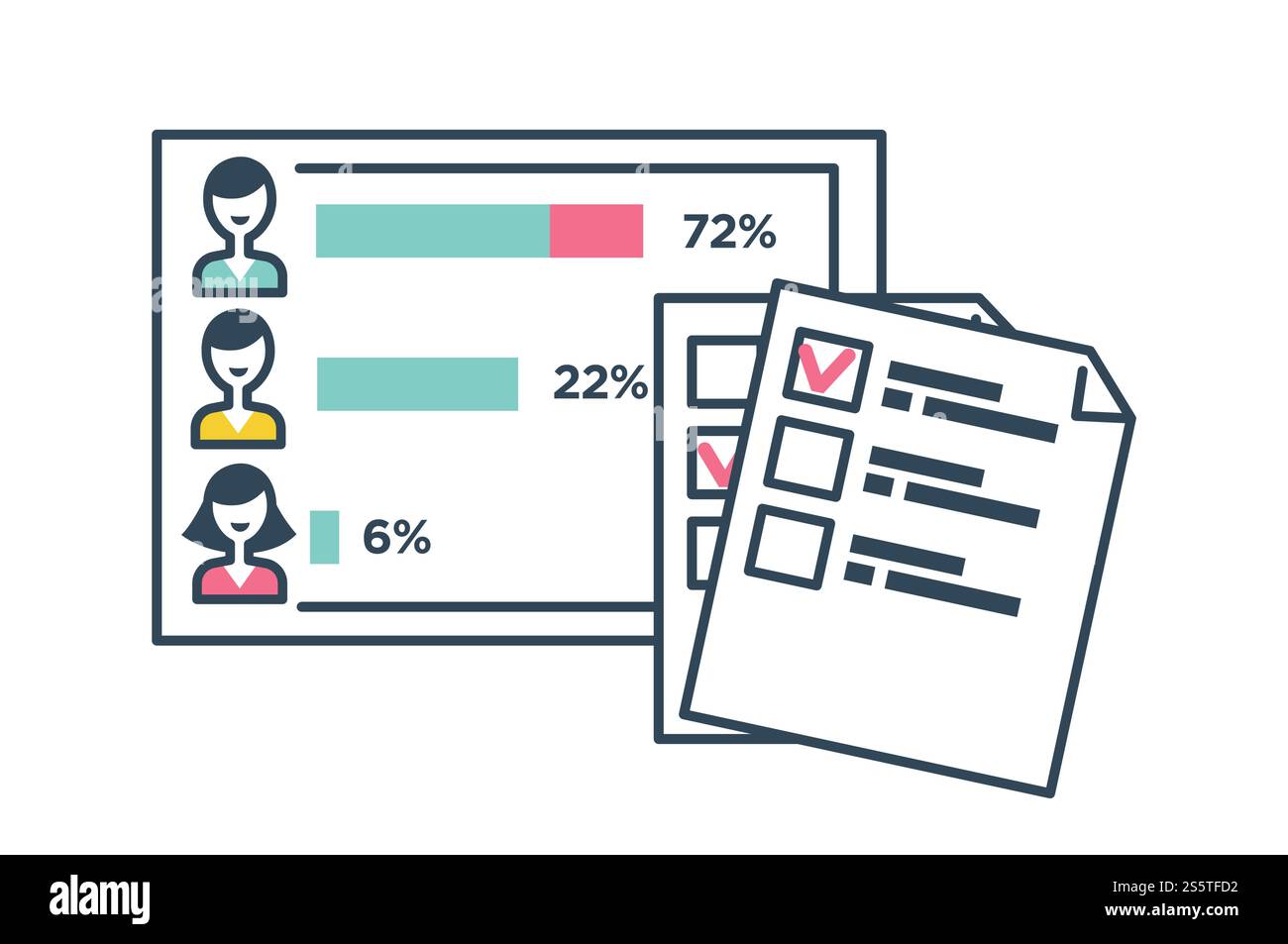 Wahlperiode Wahlfieber Menschen Kandidaten auf Seiten mit Textkampagne der Person Vektor Statistiken und Informationen über die Ergebnisse der Abstimmung Bilder und Text Häkchen und Prozentangaben.. Wahlperiode Wahlfieber Leute Kandidaten auf Seiten Stock Vektor