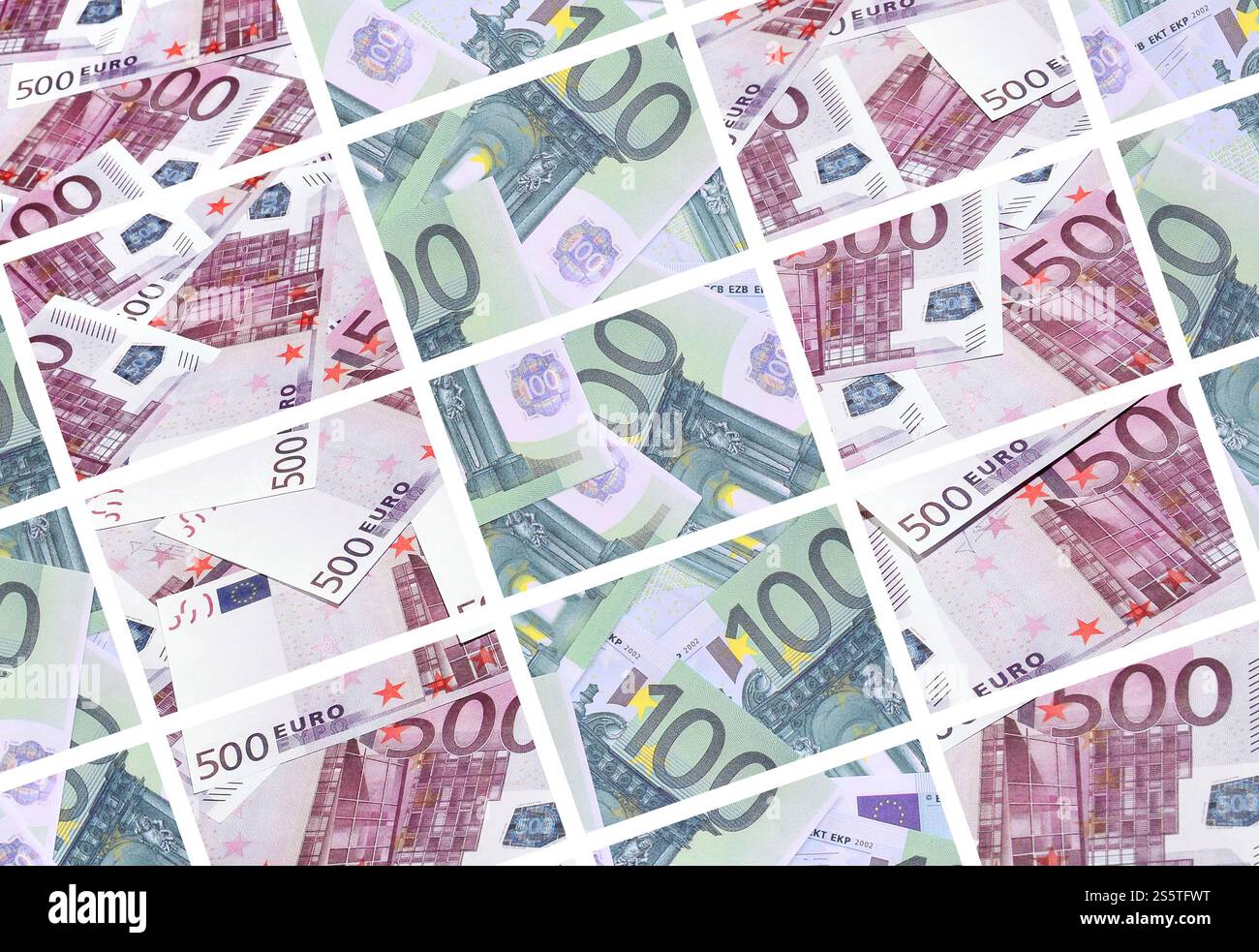 Eine Collage aus vielen Bildern von Hunderte von Dollar und Euro Rechnungen in einem Haufen Lügen Stockfoto