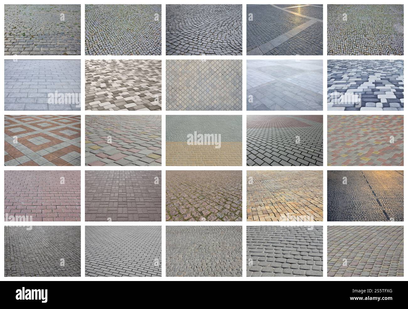 Eine Collage von vielen Bildern mit Fragmenten der Bodenplatten close-up. Einstellen von Bildern mit Pflaster Stein Stockfoto