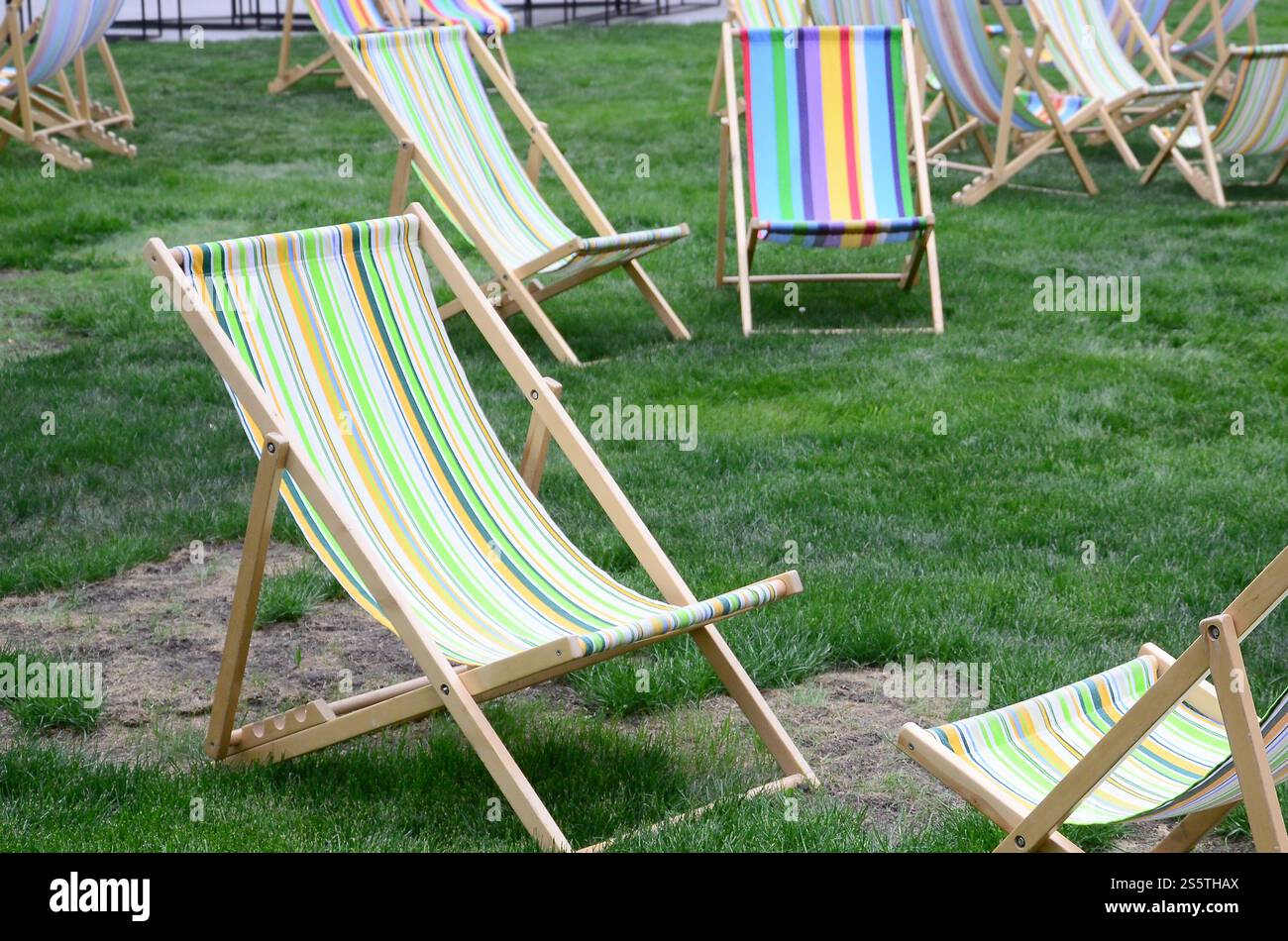 Liegestühle auf einem Rasen. Ruhen Sie sich auf dem Festival aus, im Urlaub. Gartenliegen auf grünem Gras. Gartenbett zum Sonnenbaden und Ausruhen. Sommerstuhl. Chaise Stockfoto