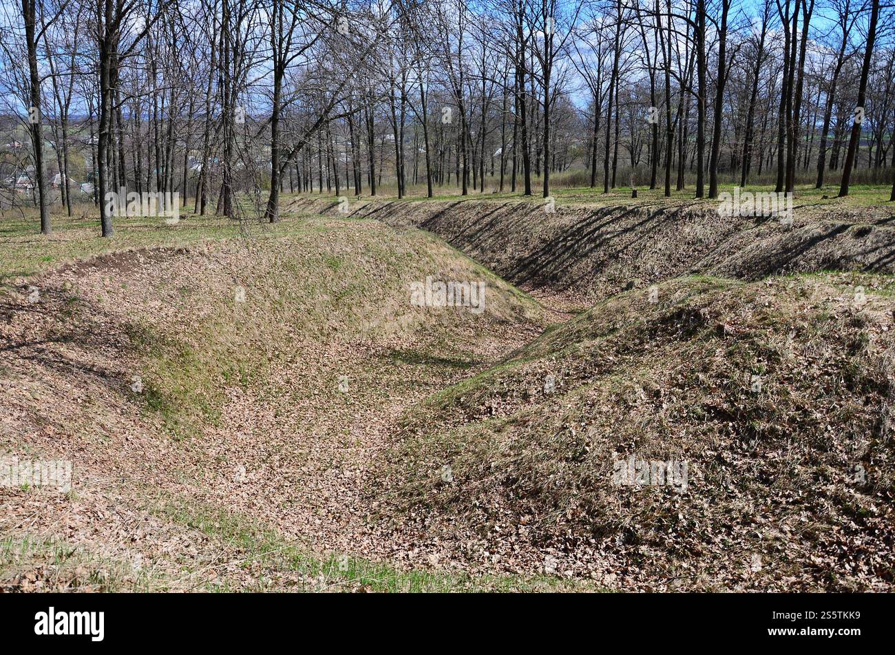 Frühling Landschaft mit einer tiefen Schlucht mit Laub durch eine Menge von Bäumen am Waldrand neben dem Dorf gefüllt Stockfoto