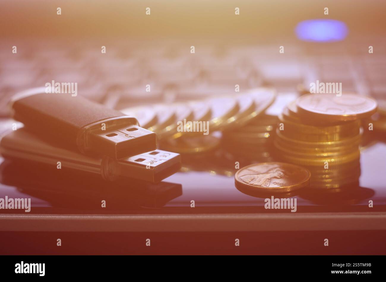 USB-Flash-Karten liegen auf schwarzem Laptopgehäuse vor seiner Tastatur. Das Konzept des Verdienens im Internet, der Online-Monetarisierung und der Bezahlung von Stockfoto
