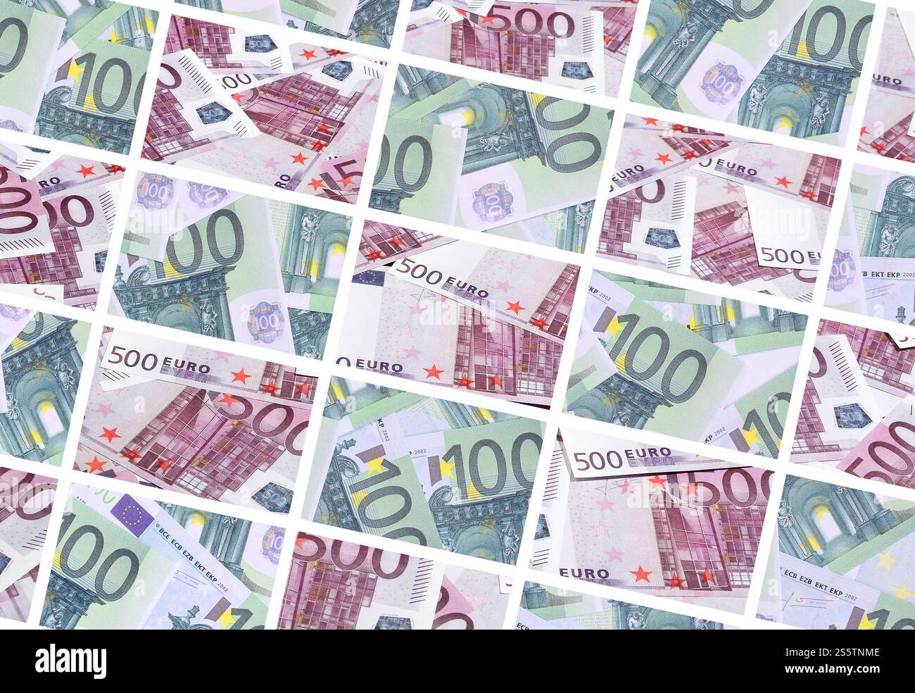 Eine Collage aus vielen Bildern von Hunderte von Dollar und Euro Rechnungen in einem Haufen Lügen Stockfoto