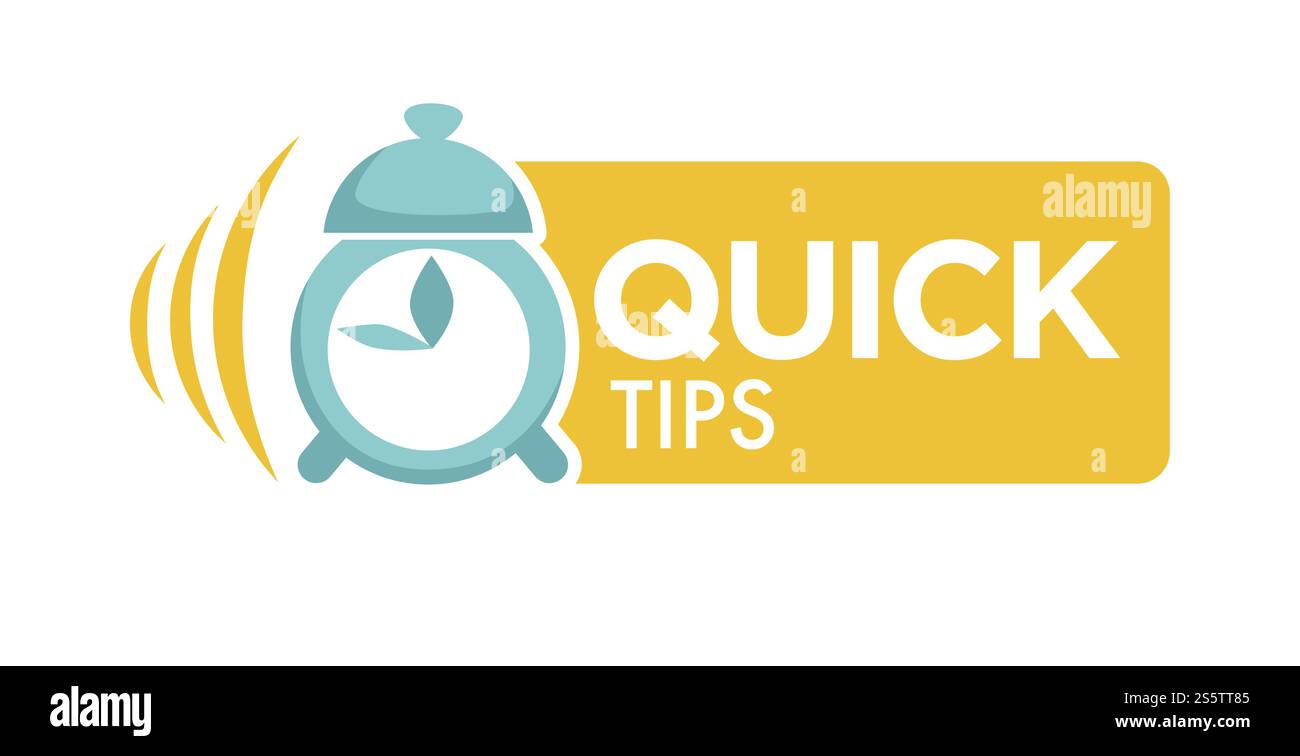 Quick Tips Logo mit Wecker und großem Schild. Online-Angebot für schnelle Beratung. Programm für Hilfeemblem mit alten Uhren. Verwenden Sie im Nu-Time-Logo mit dicker Schrift in der Frame-Vektor-Illustration. Quick Tips Logo mit Wecker und großem Schild. Stock Vektor