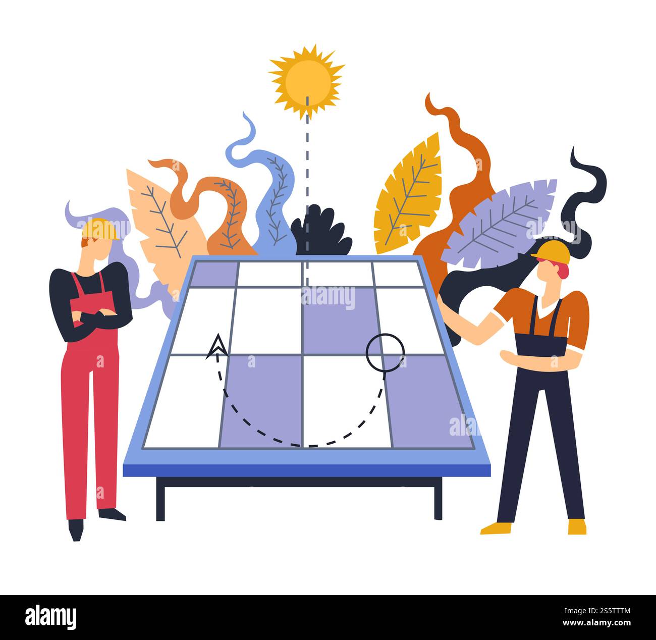 Team von Elektrikern, die sich mit Solarbatterien beschäftigen Installation von alternativen Quellen der Energiespeicherung Vektor spezialisierte Experten tragen Uniform und Helm Denken der Probleme elektrische Unternehmen. Team von Elektrikern, die sich mit der Installation von Solarbatterien befassen Stock Vektor