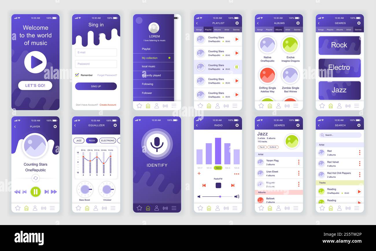 Satz von UI-, UX-, GUI-Bildschirmen Music App flaches Design-Template für mobile Apps, responsive Website Wireframes. Web Design UI-Kit. Musik-Dashboard. Stockfoto