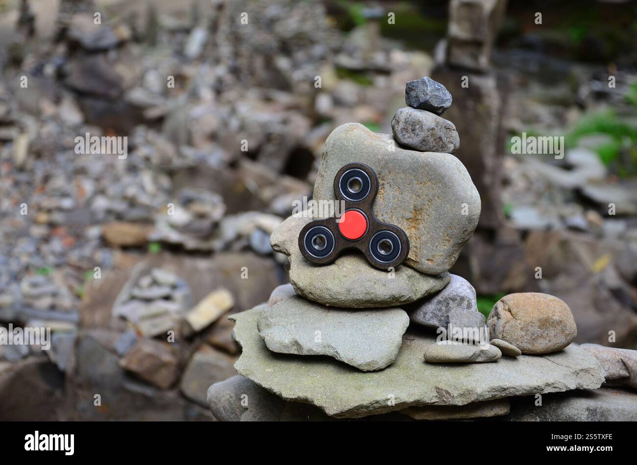 Eine hölzerne Spinner liegt auf seltsame Stein Strukturen im Wald Stockfoto