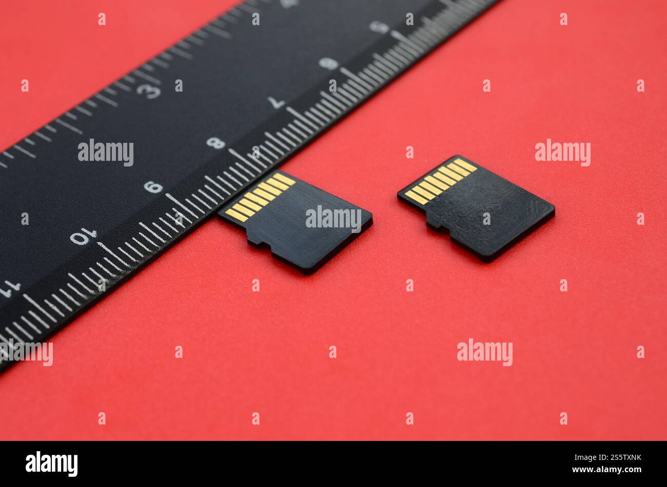 Zwei kleine microSD-Speicherkarten liegen auf rotem Hintergrund neben einem schwarzen Lineal. Ein kleiner und kompakter Daten- und Informationsspeicher Stockfoto