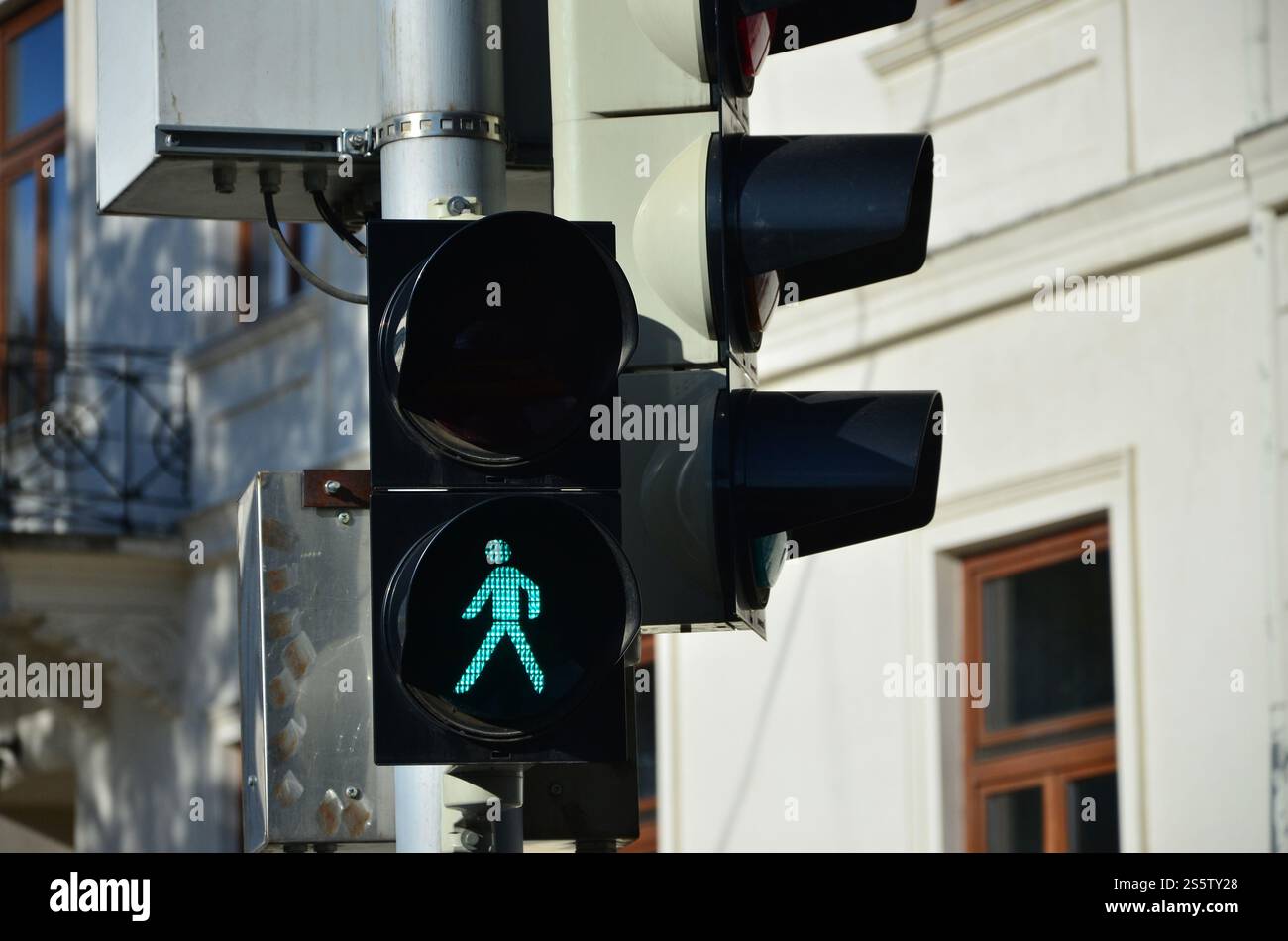 Der Straßenbeleuchtungsschalter ist grün und zeigt die Fähigkeit der Fußgänger die Straße überqueren Stockfoto
