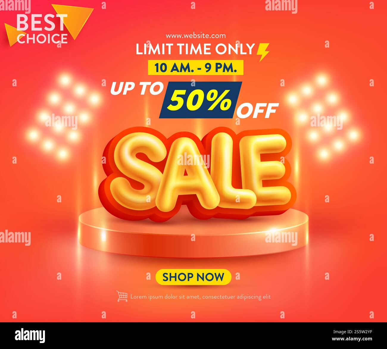 Verkaufsposter oder Bannervorlage mit leerer Podiumsszene auf orangem Hintergrund. Design von Verkaufsbanner für soziale Medien und Websites. Stockfoto