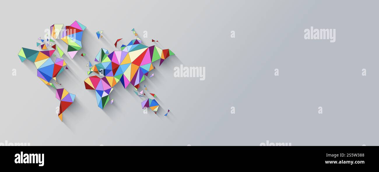 Weltkartenform aus bunten Polygonen. 3D-Illustration isoliert auf weißem Hintergrund. Horizontales Banner. Weltkartenform aus bunten Farben Stockfoto