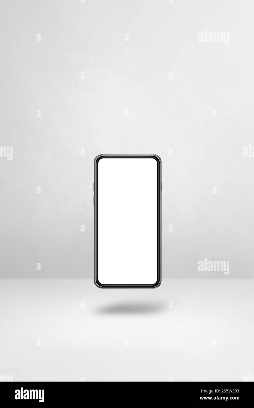 Leeres Smartphone schwebt über einem weißen Hintergrund. Isolierte 3D-Abbildung. Vertikale Vorlage. Schwimmendes Smartphone isoliert auf weiß. Vertikal Stockfoto