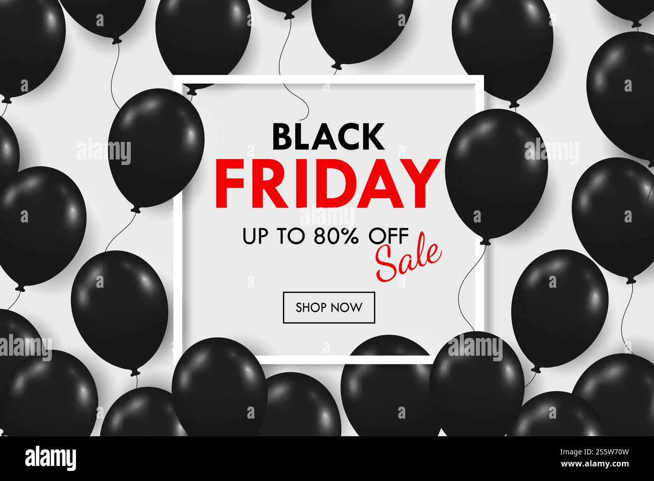 Viele glänzende, schwarze Ballons, die am Wochenende mit dem Werbetextfeld BLACKFRIDAY schweben Stockfoto