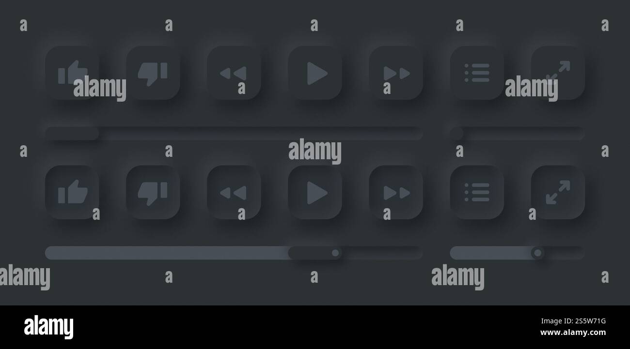 Online Video Media Player UI Neumorphismus Vektor dunkle Version Design Elemente auf Hintergrund gesetzt. Schaltflächen, Leisten, Schieberegler für UI-Komponenten in einfach Stockfoto