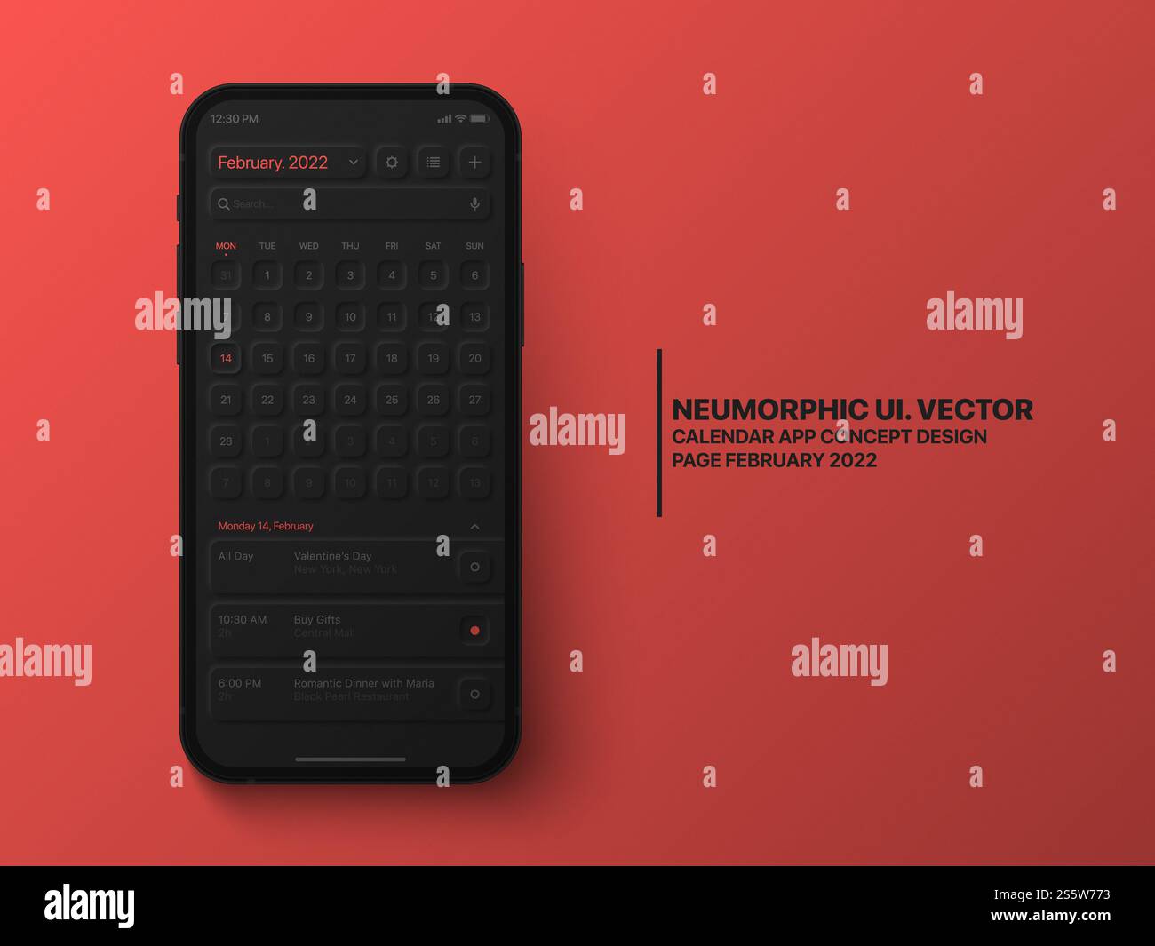 Calendar Mobile App Februar 2022 Conceptual UI Neumorphic Design Dark Version auf fotorealistischem Bildschirm des Mobiltelefons Stockfoto