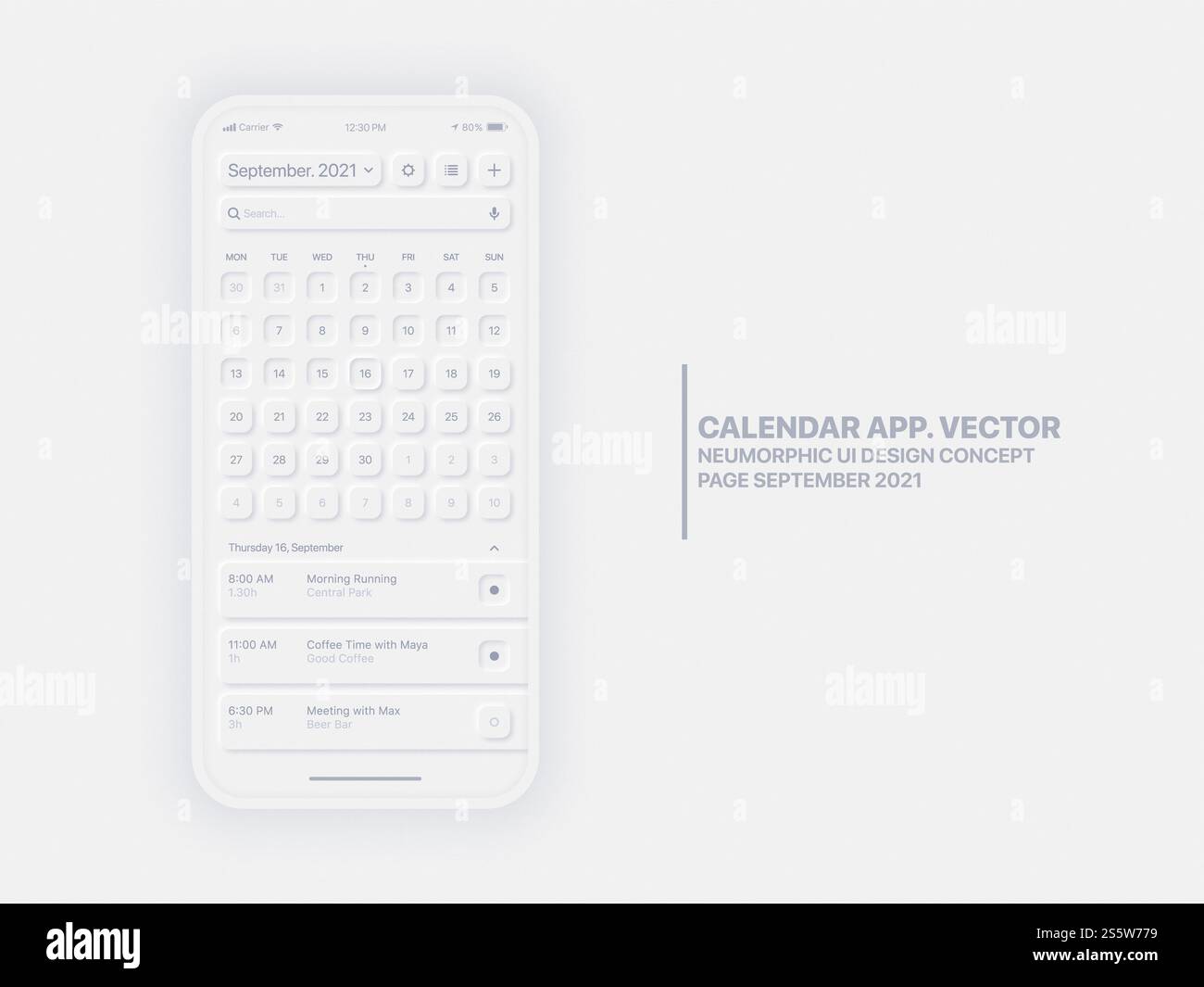 Seite „Neumorphic Design Calendar Mobile App“ September mit Task Manager Conceptual UI UX Vektorvorlage Stockfoto
