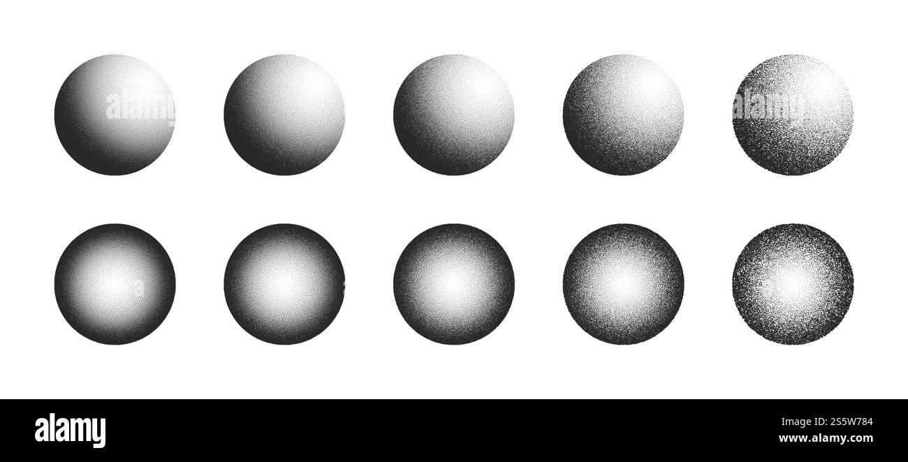 Von Hand gezeichnete, abstrakte 3D-Kugeln in verschiedenen Variationen auf weißem Hintergrund Stockfoto