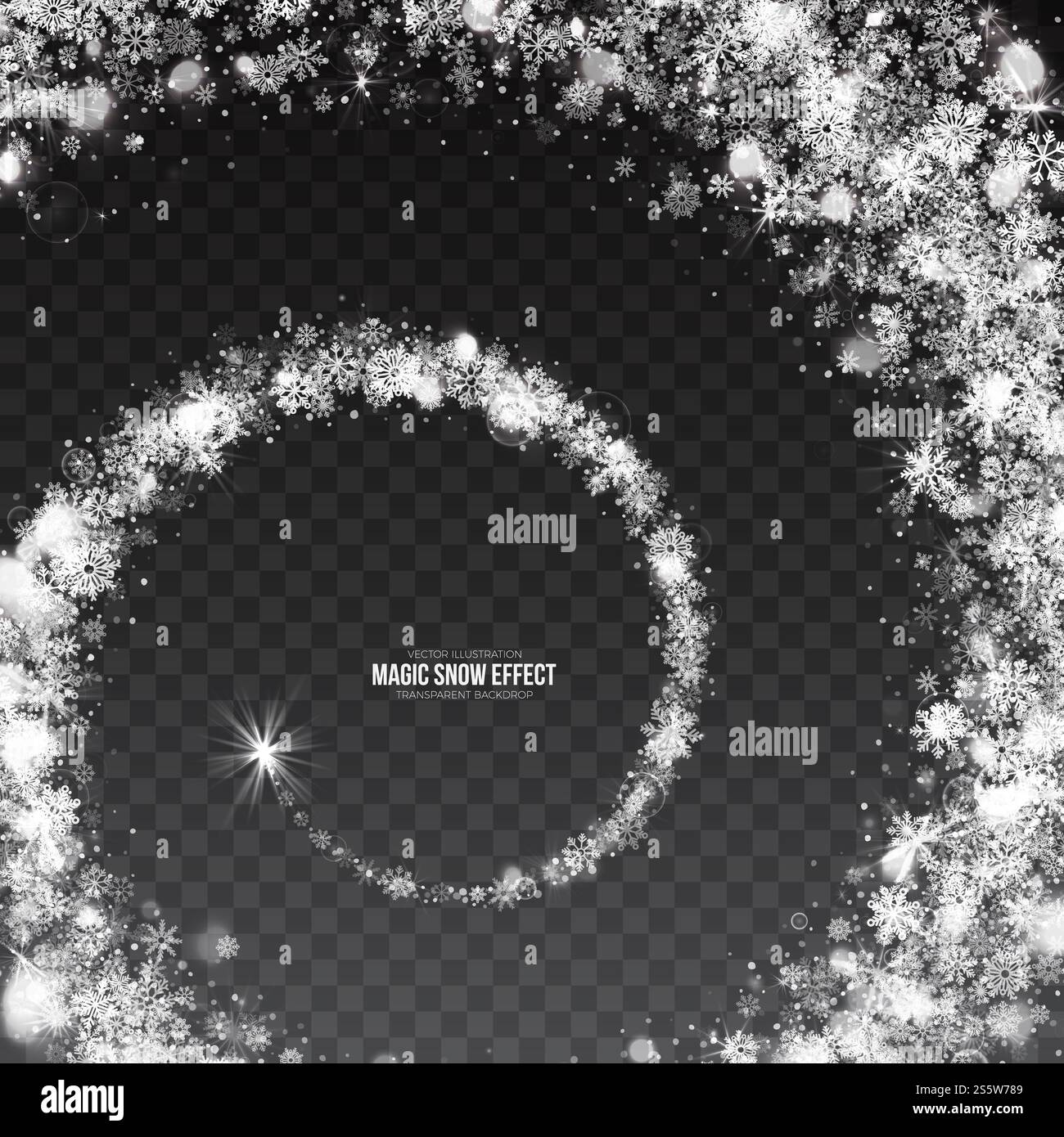 Magic Christmas Swirling Snow-Effekt mit Schneeflocken und Lichtern auf transparentem Hintergrund. 3D-Vektor-Effekt „wirbelnder Schnee“ Stockfoto