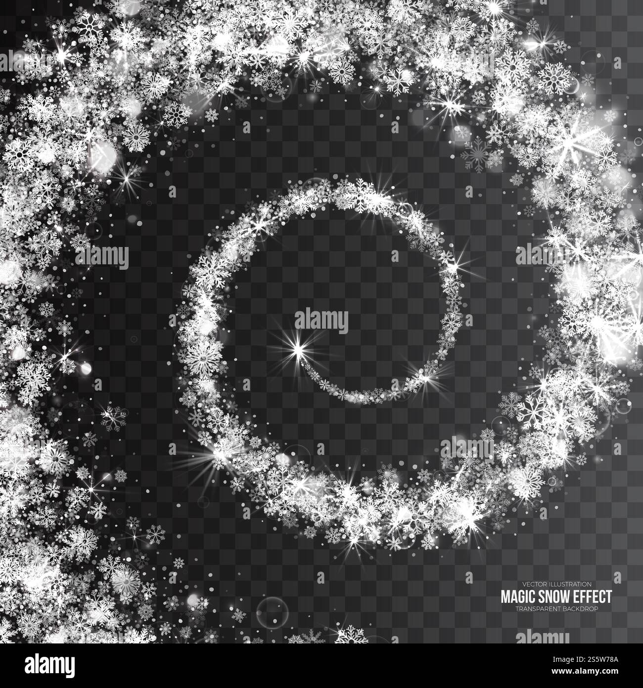 Weihnachtszauber wirbelnder Schnee-Effekt mit Schneeflocken und Lichtern auf transparentem Hintergrund. 3D-Vektor-Effekt „wirbelnder Schnee“ Stockfoto