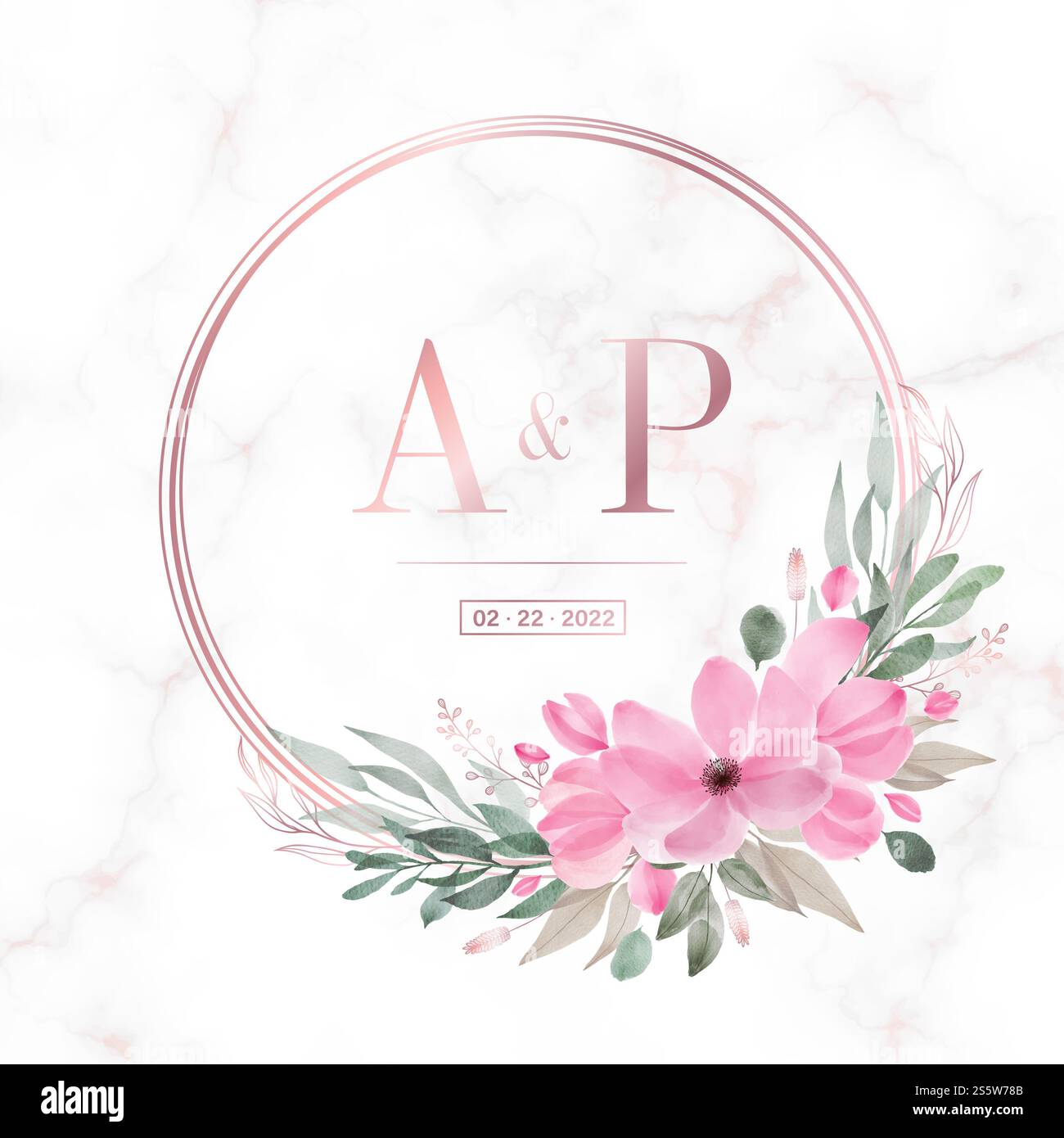 Rosafarbener, runder Rahmen mit Blumenmotiv auf Marmorhintergrund für das Logo eines Hochzeitsmonogramms und die Einladungskarte Stockfoto