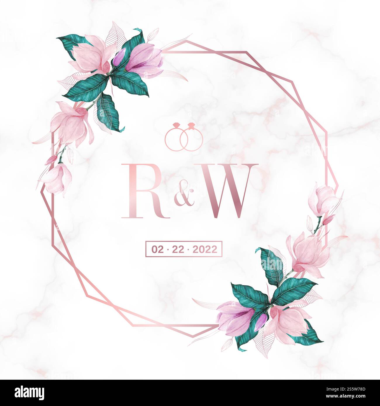 Rosafarbener, runder Rahmen mit Blumenmotiv auf Marmorhintergrund für das Logo eines Hochzeitsmonogramms und die Einladungskarte Stockfoto
