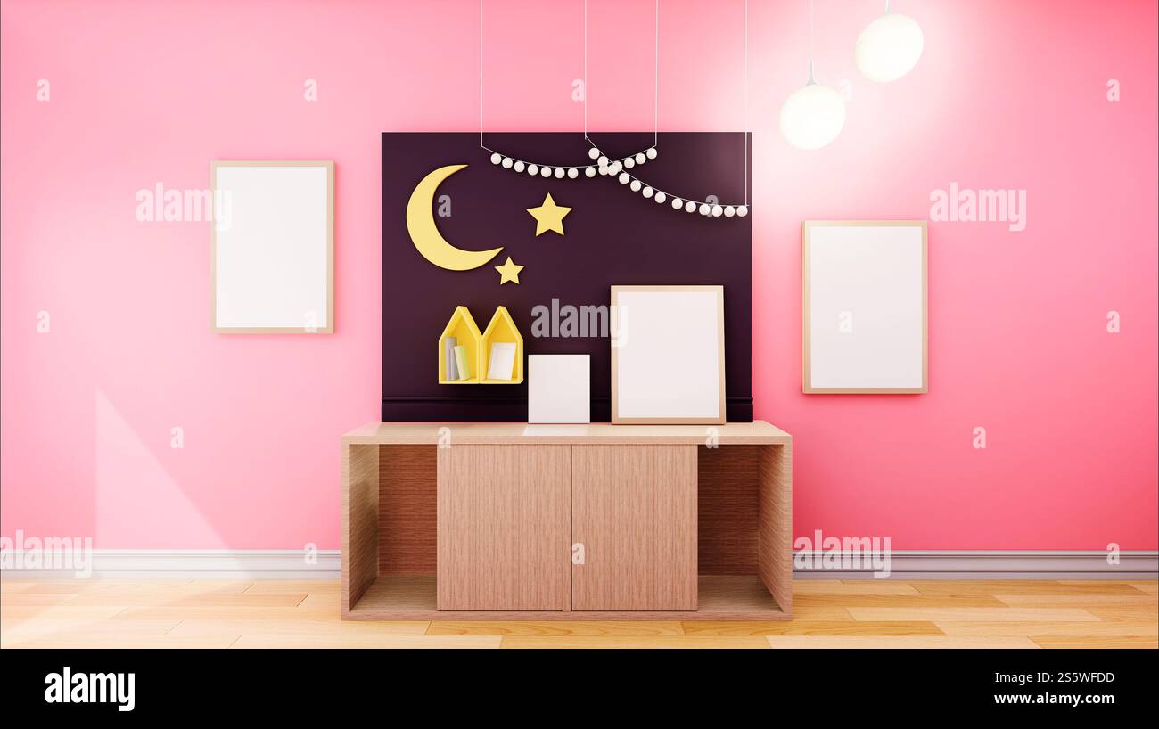 Ablagetisch mit Bilderrahmen, 3D-Stil. Stockfoto