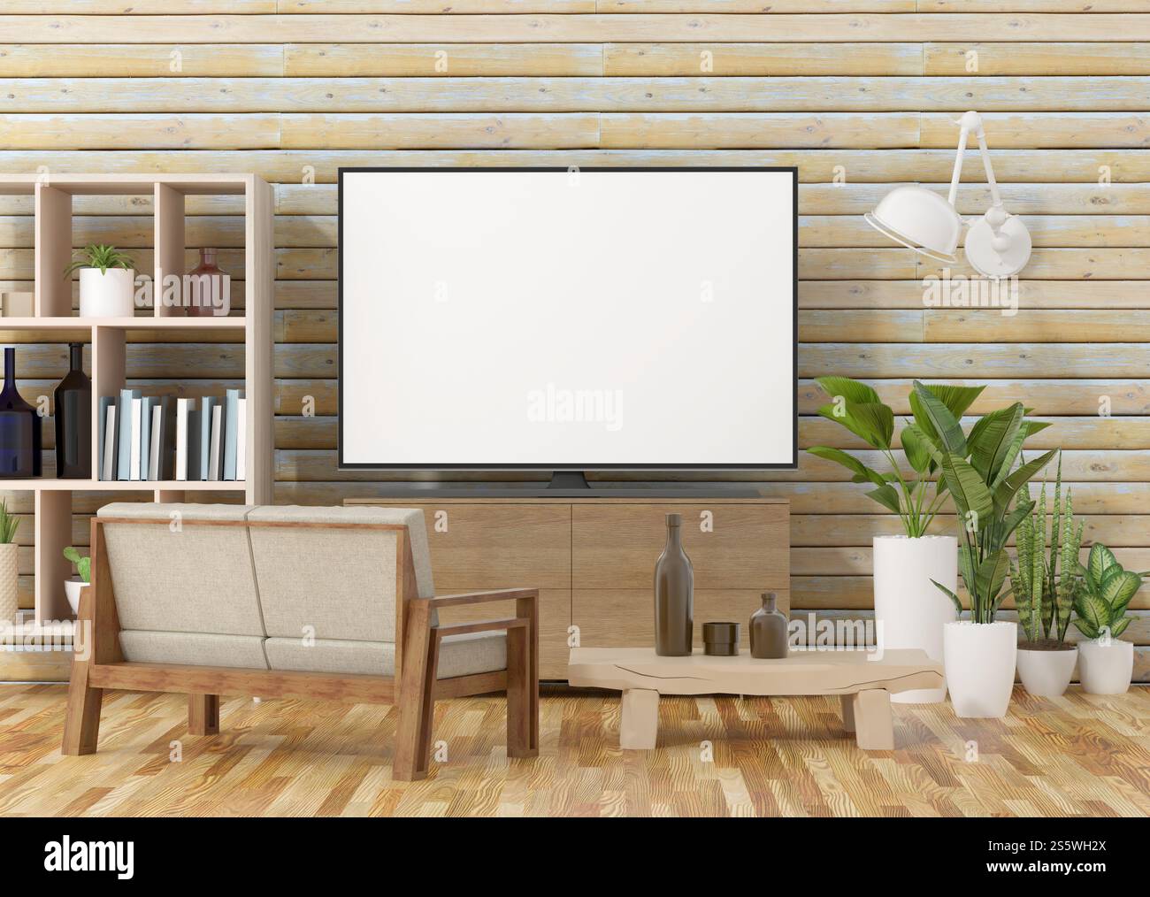 Wohnzimmer mit Möbeln und Fernseher, 3D-Stil. Stockfoto