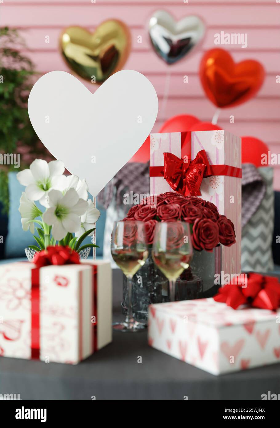 Geschenkbox zum Valentinstag, 3D-Stil. Stockfoto
