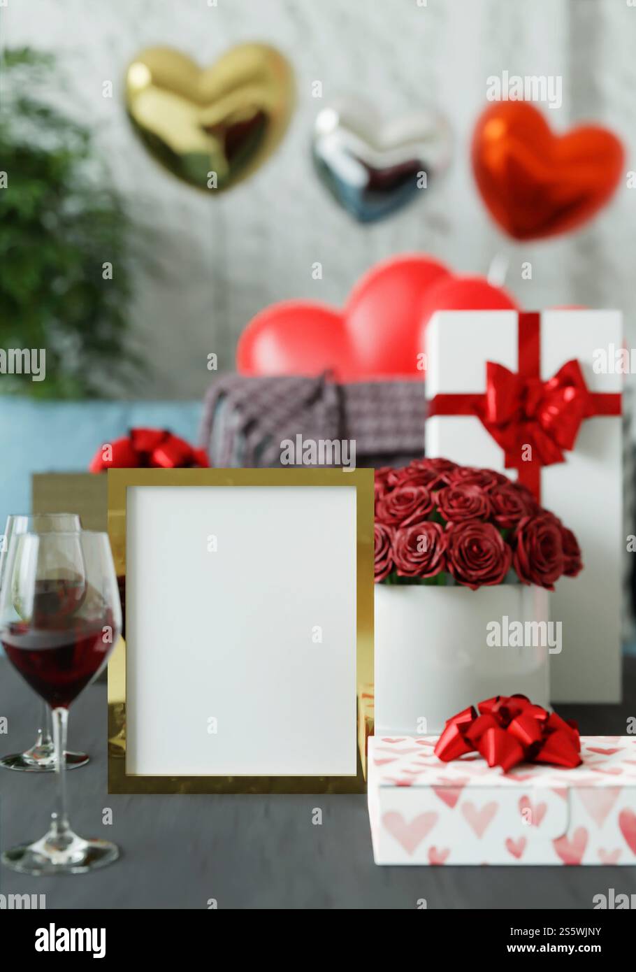 Karte mit Geschenkbox zum Valentinstag, 3D-Stil. Stockfoto