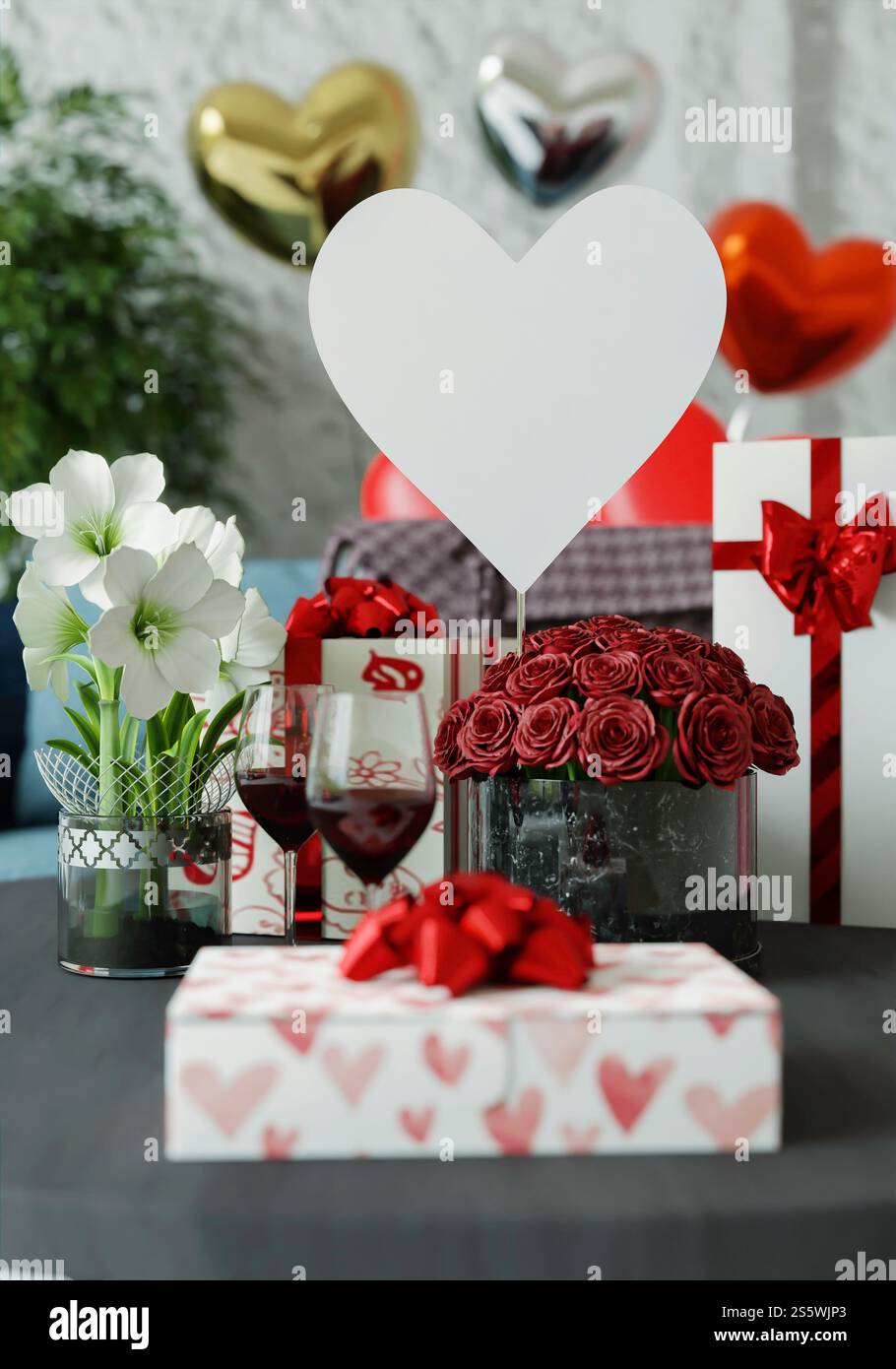 Geschenkbox zum Valentinstag, 3D-Stil. Stockfoto