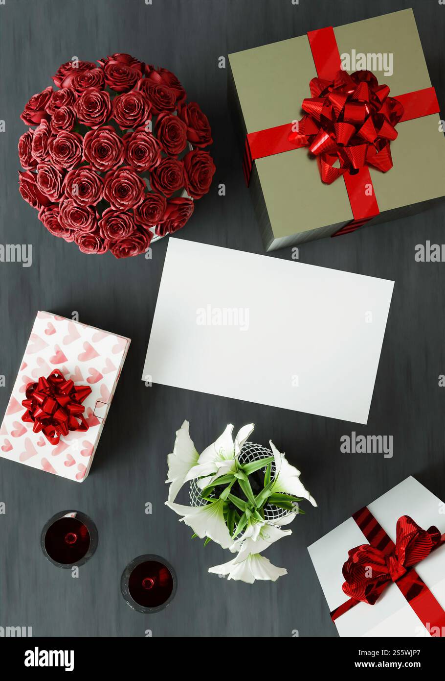 Karte mit Geschenkbox zum Valentinstag, 3D-Stil. Stockfoto