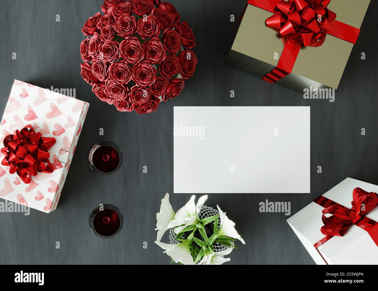 Karte mit Geschenkbox zum Valentinstag, 3D-Stil. Stockfoto