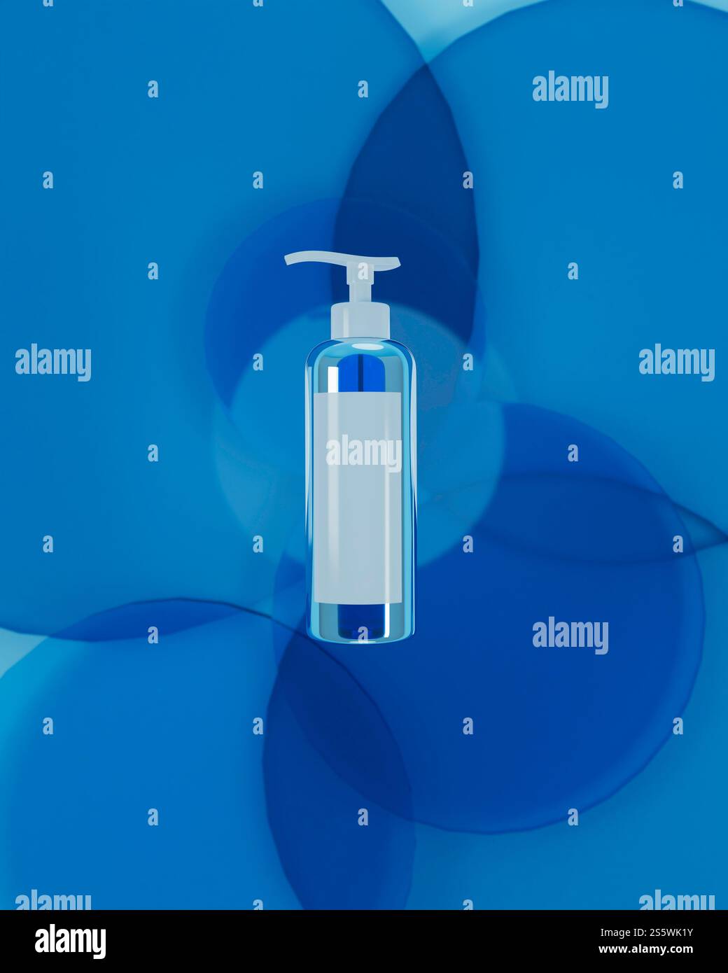 Cremeflasche oder Parfümpumpe auf pastellblauem Hintergrund, 3D-Stil Stockfoto