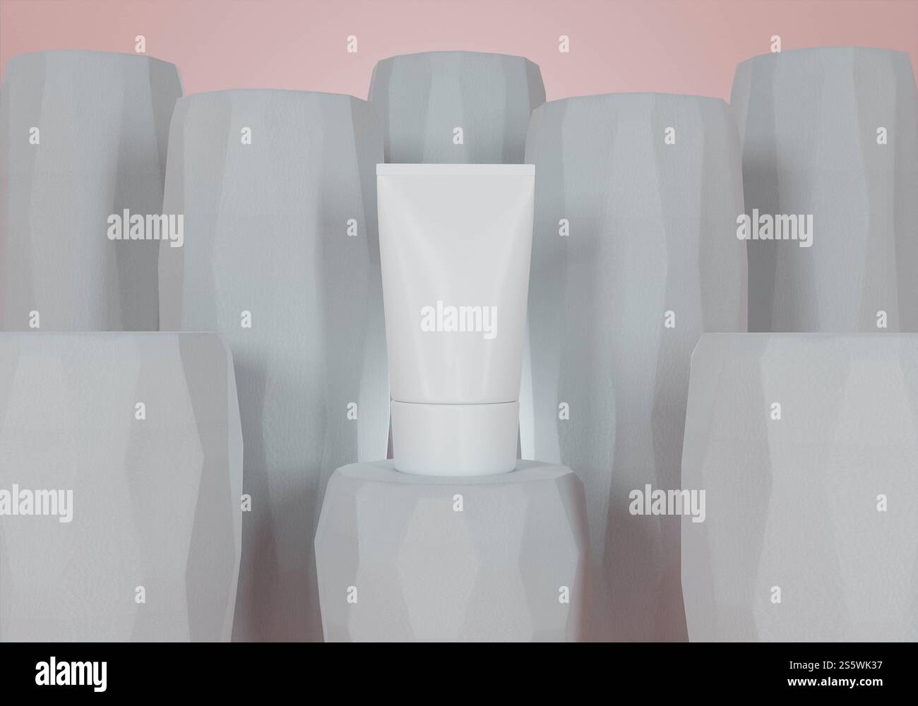 Drücken Sie die Tube zum Auftragen von Creme oder Make-up auf weißem Stein 3D-Stil Stockfoto