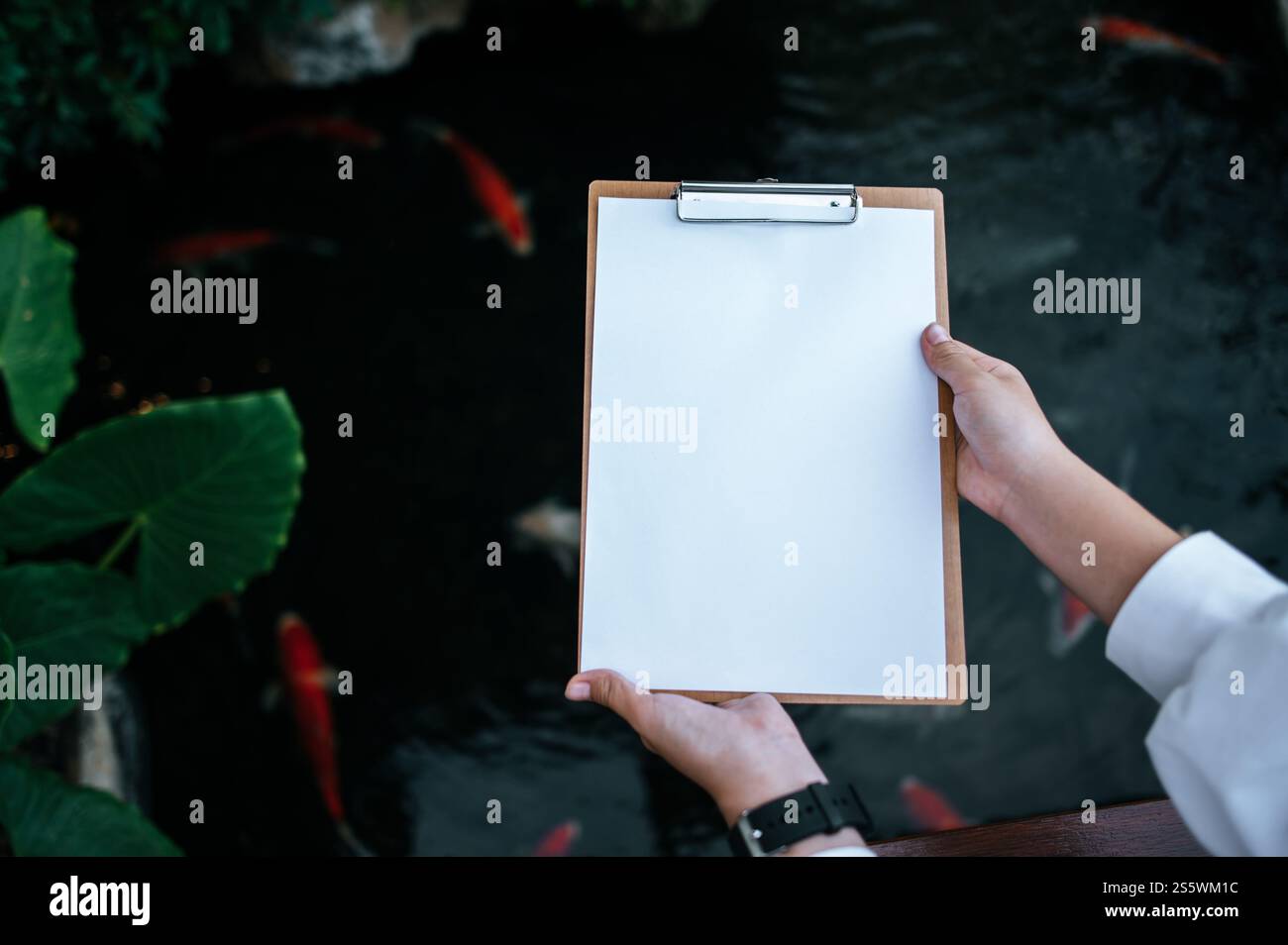 Eine Hand, die ein Klemmbrett auf einem Fischteich hält Stockfoto
